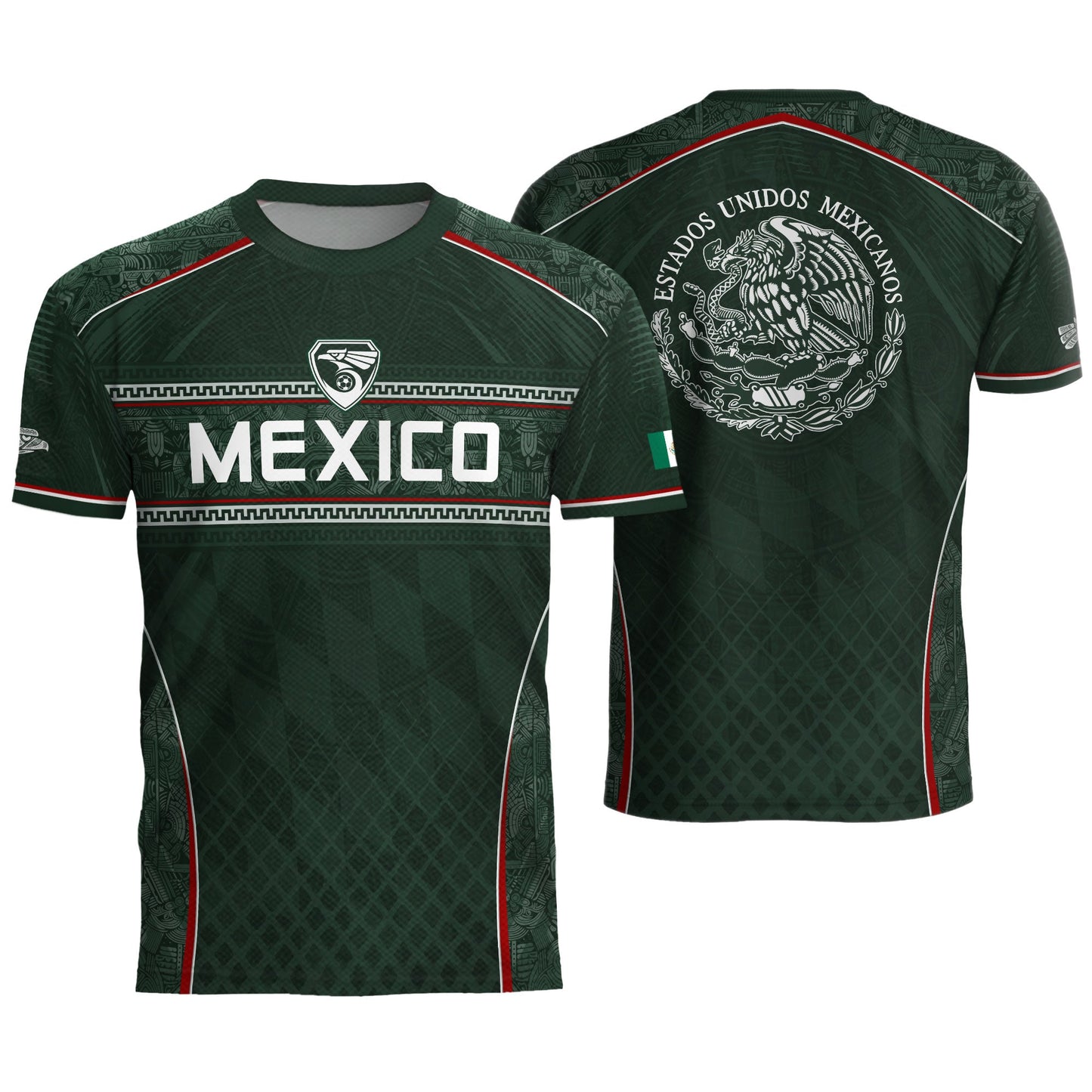 Mexico Soccer Green White Aztec Pattern Football Design - Mexico Fan Heritage Style Shirt