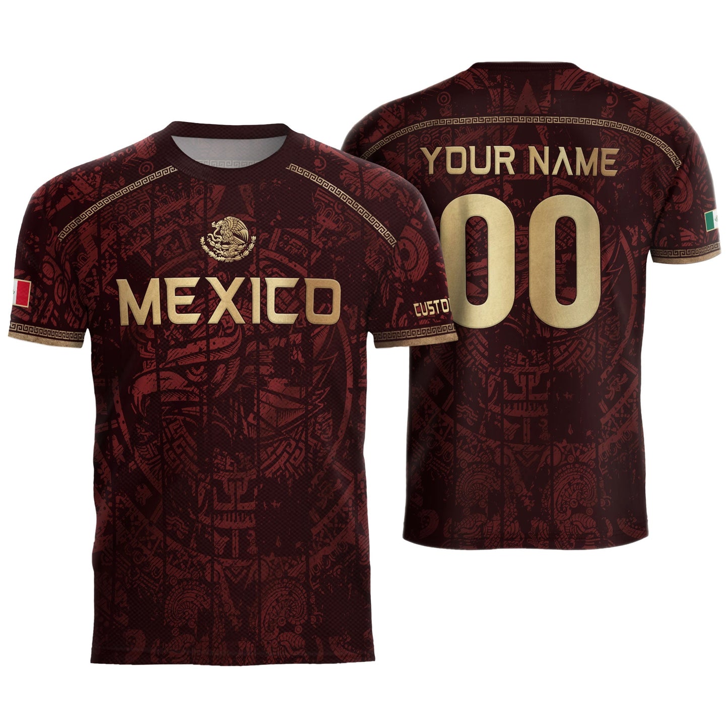 Personalized Mexico Soccer Jersey - Maroon Gold Aztec Calendar Heritage Football Shirt