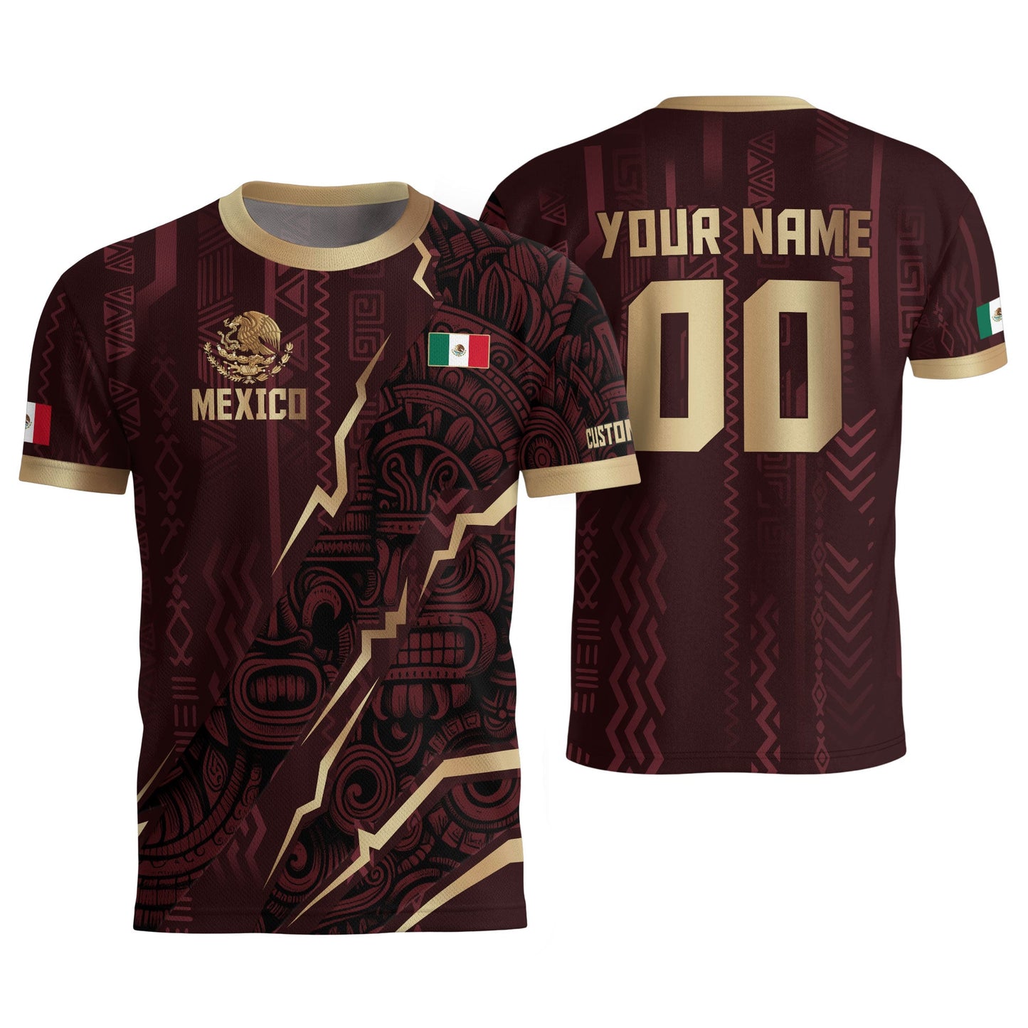 Custom Mexican Heritage Jersey Maroon Aztec Design Mexico Eagle Soccer Shirt Men Women