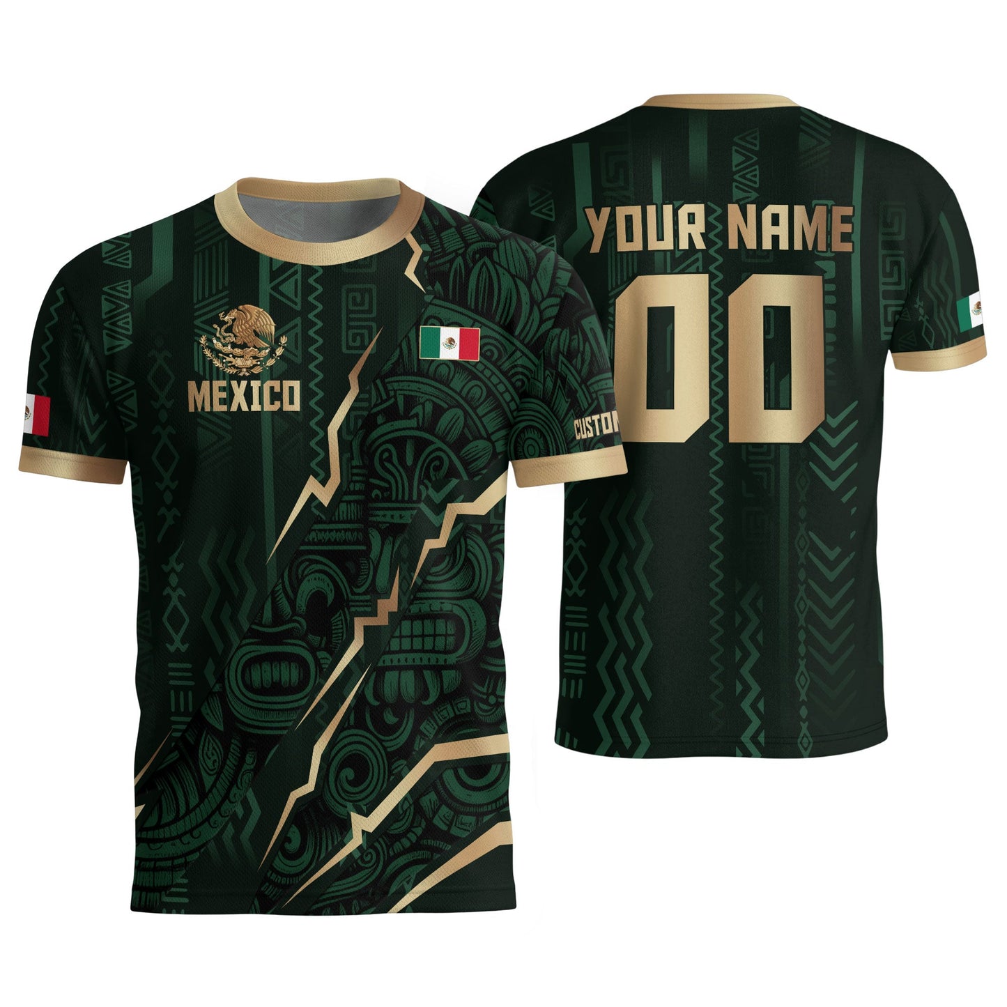 Custom Mexico Aztec Eagle Jersey Green Gold Mexican Pride Heritage Football Soccer Shirt