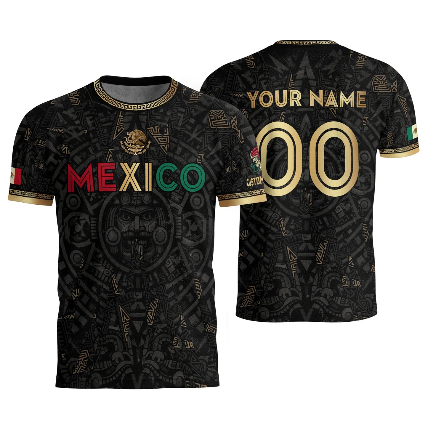 Personalized Mexico Soccer Jersey Black Aztec Calendar Men Mexican Football Shirt Flag