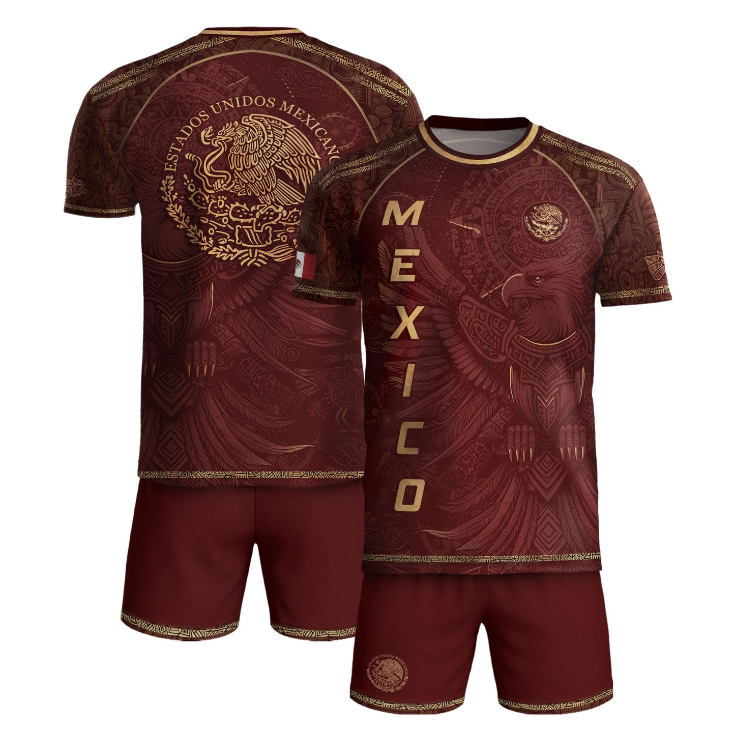 Mexico Soccer Jersey Red Gold Aztec Eagle & National Emblem