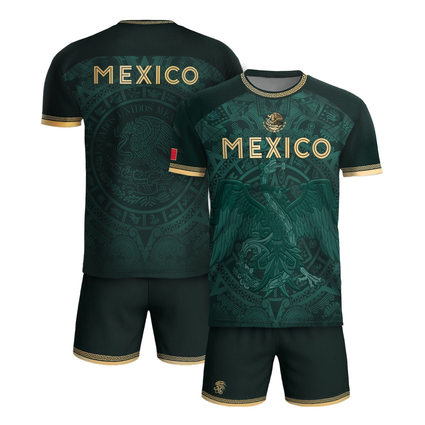 Mexico Heritage Orgullo Mexicano Green Gold Eagle Aztec Calendar Soccer Jersey