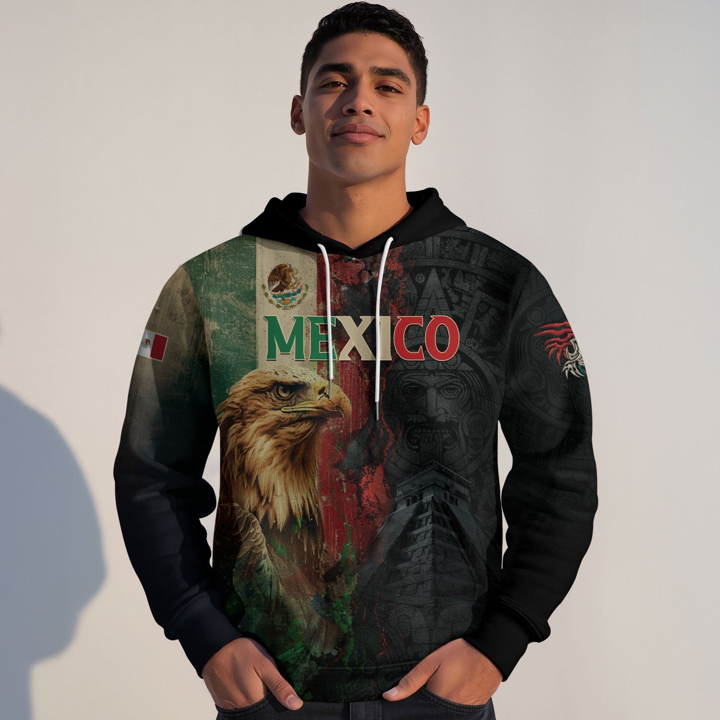 Mexican Black Eagle Flag Aztec Pyramid Heritage Mens Sudadera De Mexico Hoodie