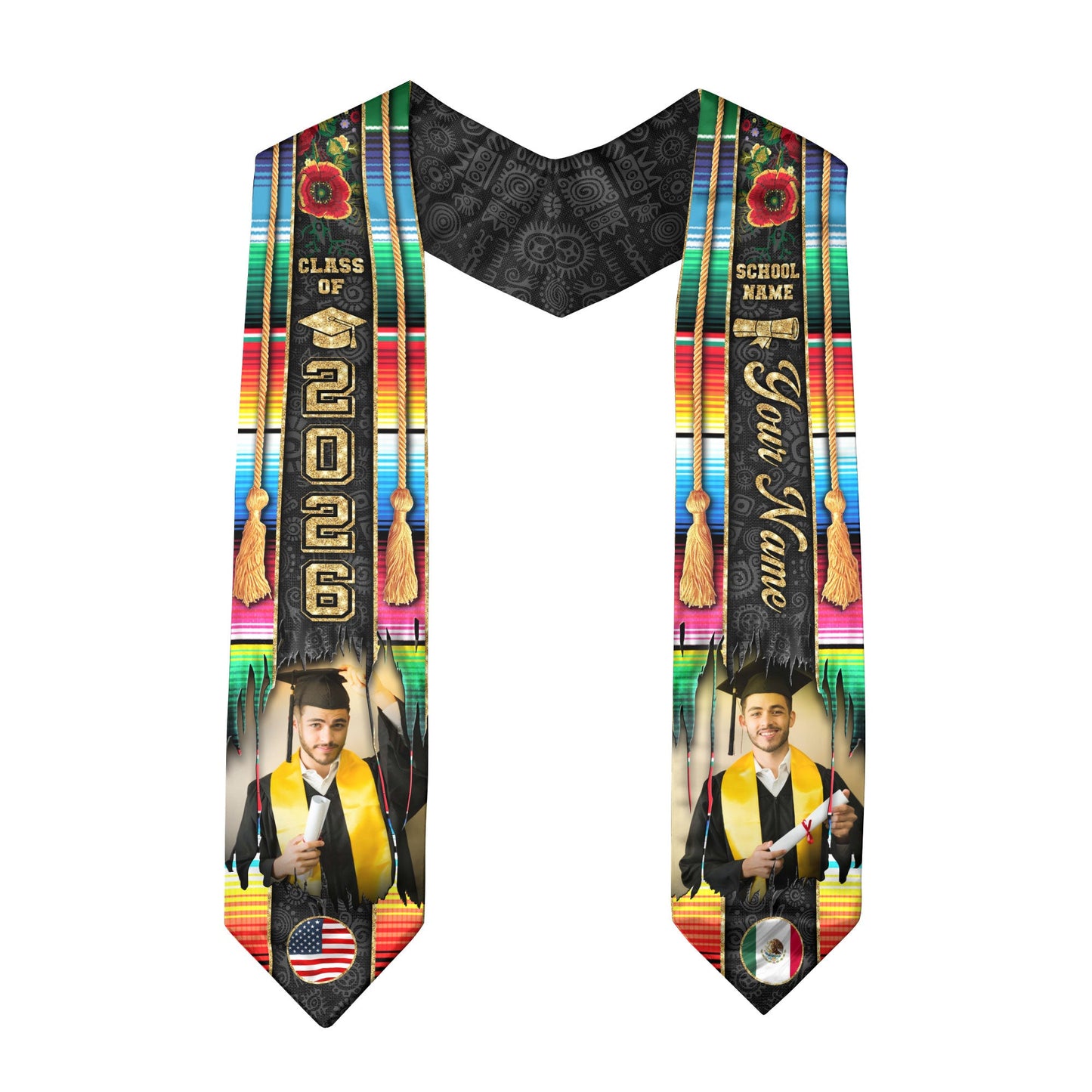 Custom Photo Mexican Graduation Stole 2026 Aztec Serape Rose USA Mexico Flag Sash