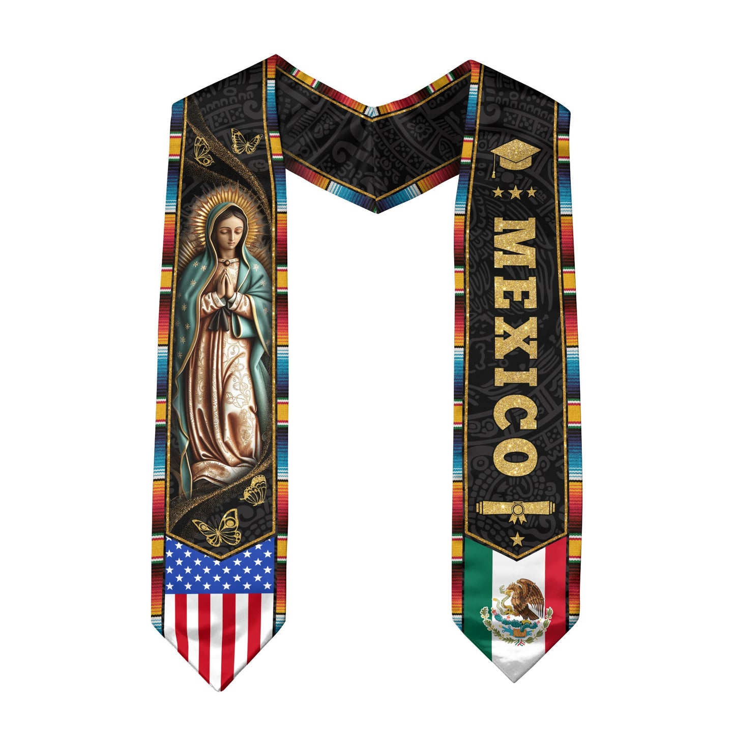 Mexican Graduation Stole Mexico USA Flag Aztec Virgin Mary Butterfly 2026