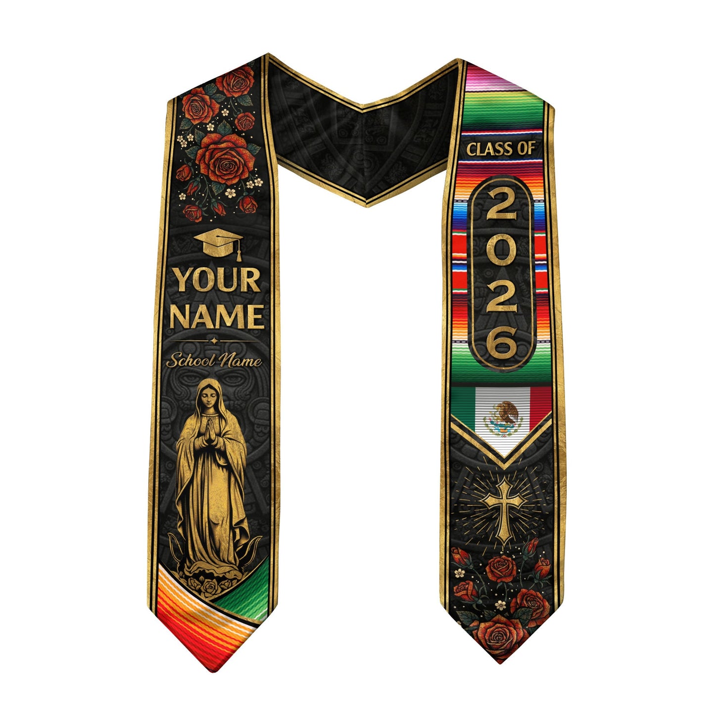 Mexican Graduation Stole Aztec Pattern Virgin Mary Cross Rose Serape Custom Sash 2026