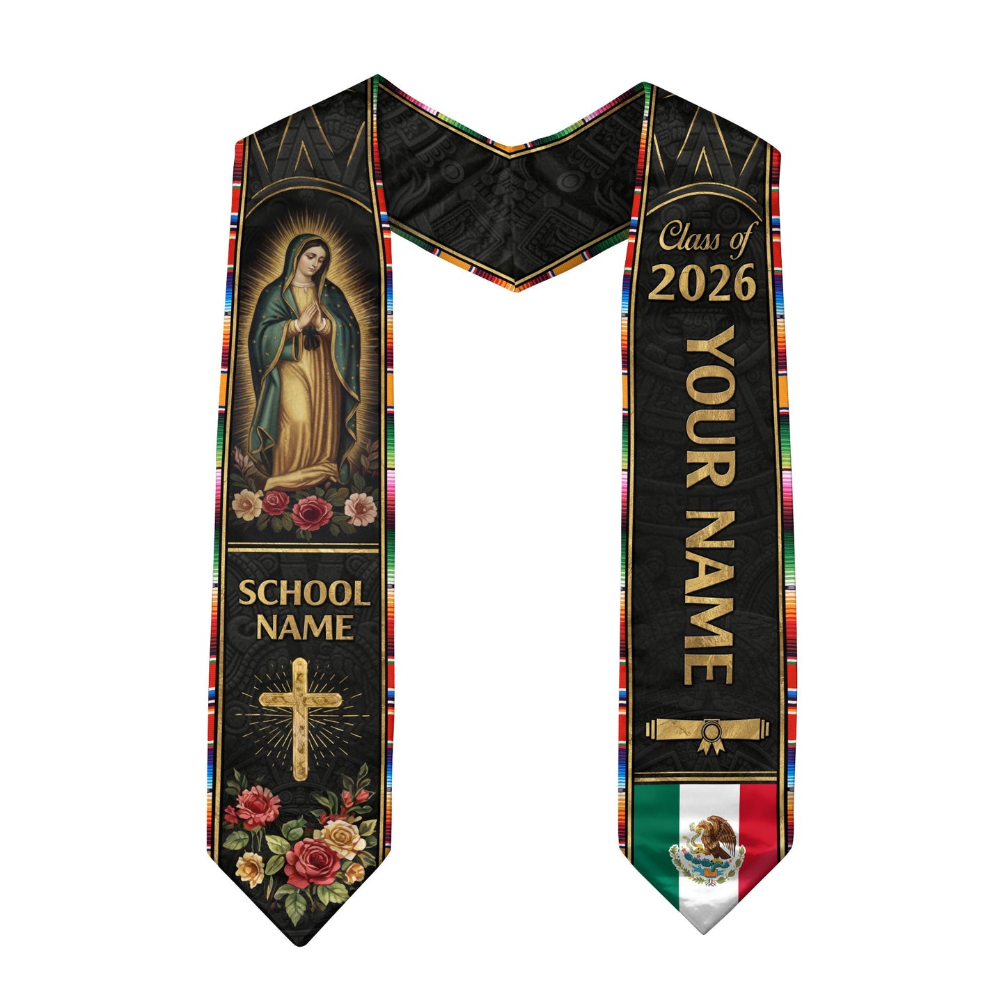 Mexican Graduation Stole Aztec Pattern Virgin Mary Cross Rose Flag Custom Sash 2026