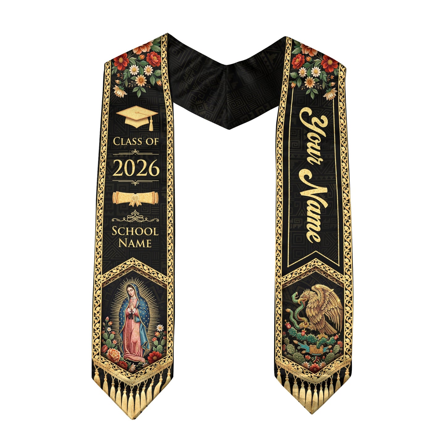 Mexico Graduation Stole Custom Name Class of 2026 Virgin Mary Aztec Eagle Heritage Sash