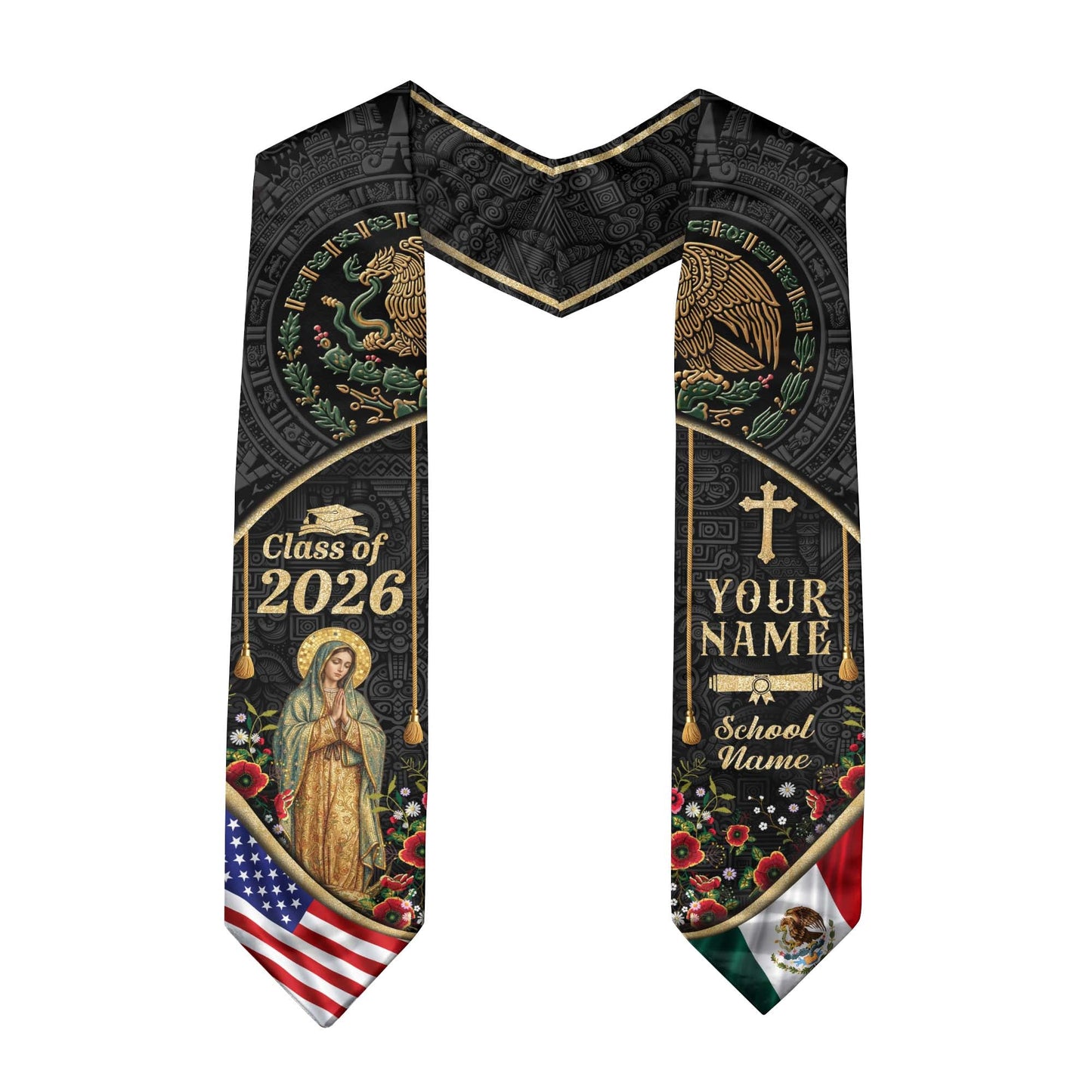 Mexico Graduation Stole Class of 2026 Custom Name Virgin Mary Aztec Eagle Sash