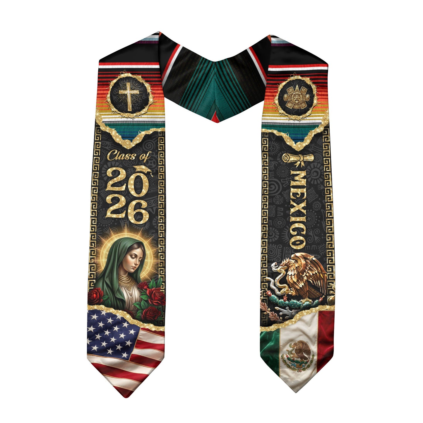 Mexico USA Graduation Stole 2026 - Dual Flag Heritage Sash Virgin Mary Floral Stole