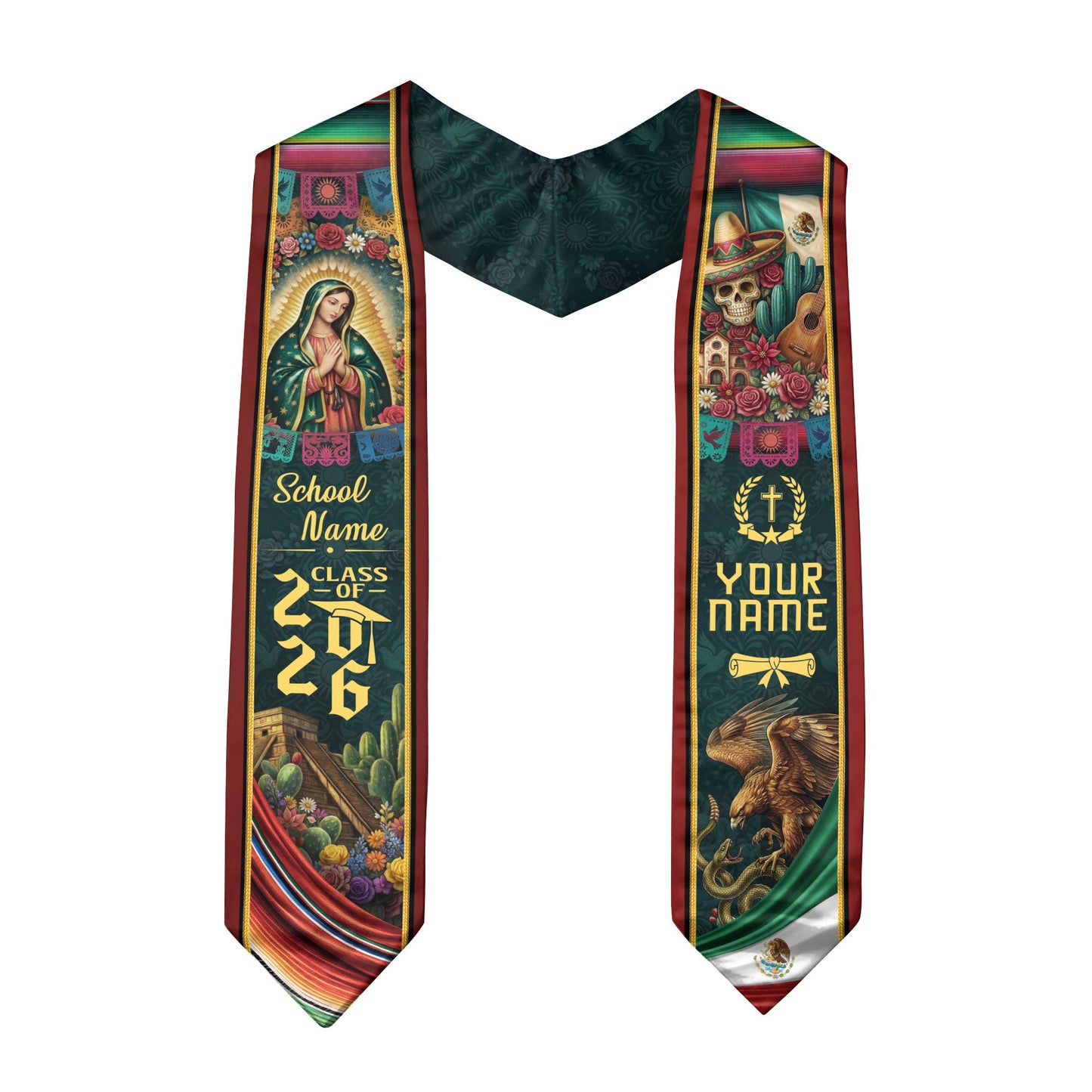 Custom Mexico Graduation Stole 2026 - Sugar Skull, Guitar & Guadalupe Heritage Sash