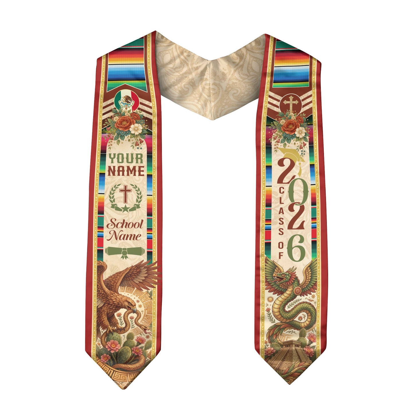 Custom Mexico Graduation Stole 2026 - Quetzalcoatl Aztec & Mexican Eagle Heritage Sash
