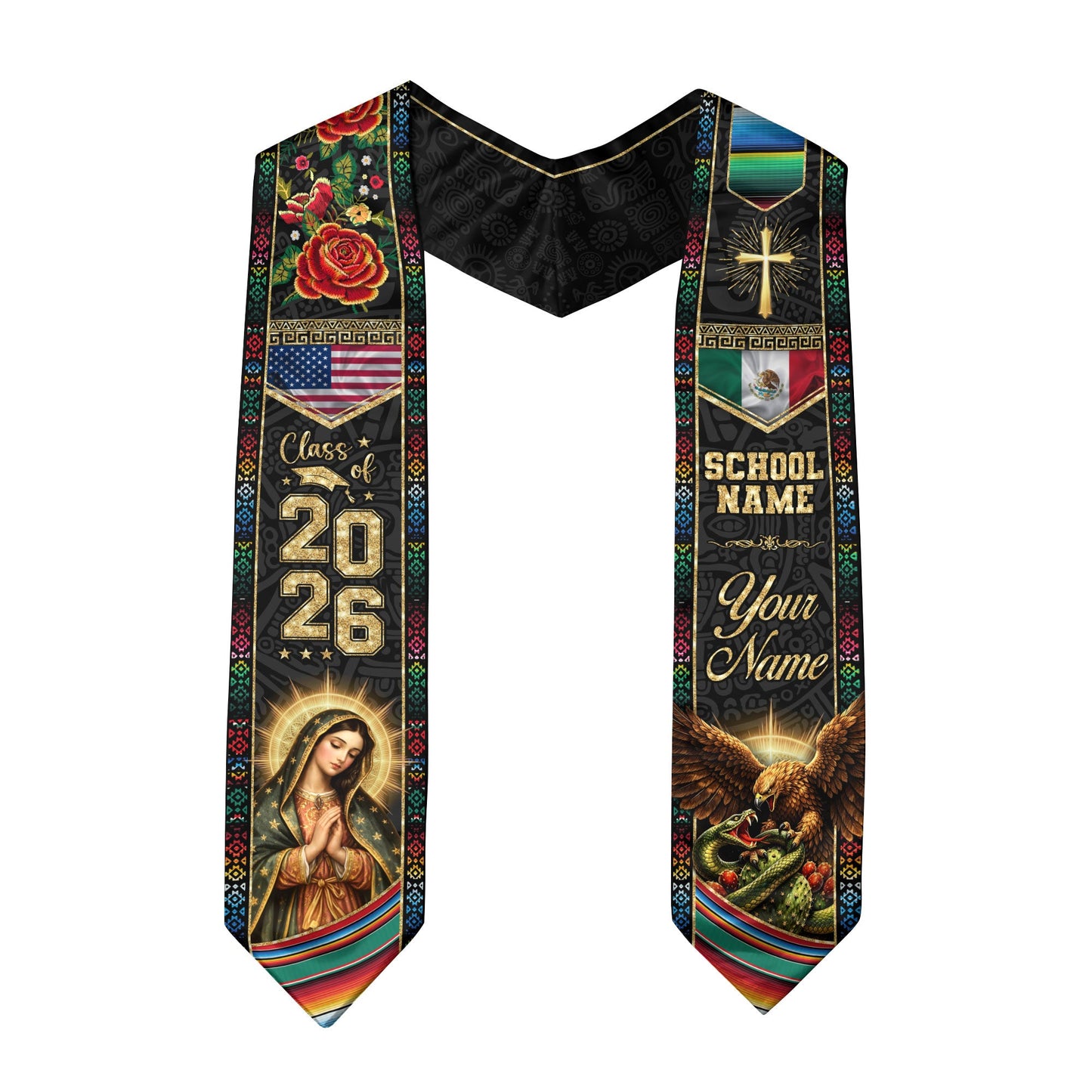 Custom Mexico Graduation Stole 2026 Eagle Snake Virgin Mary Mexican US Flag Serape Sash