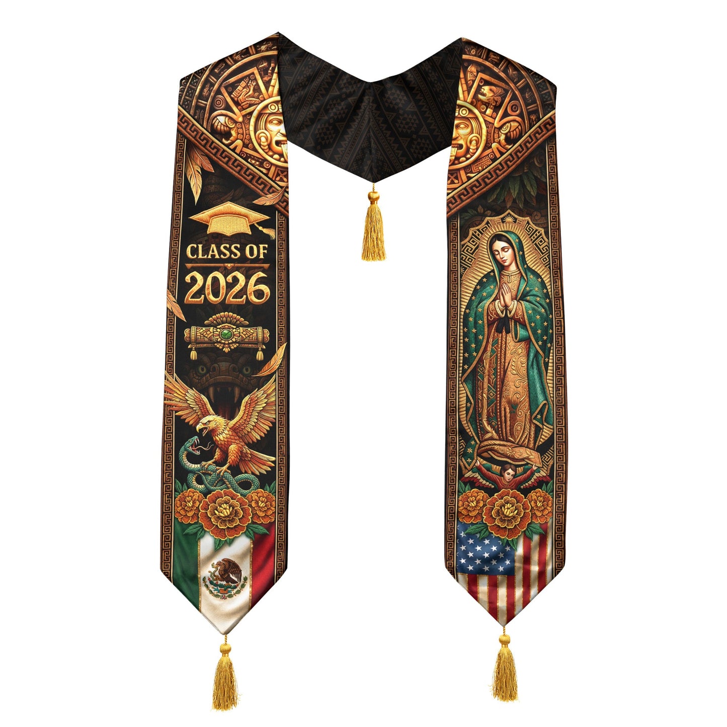 Class of 2026 Graduation Stole Mexico Flag Virgin Guadalupe Aztec Eagle Serape Tassel Sash