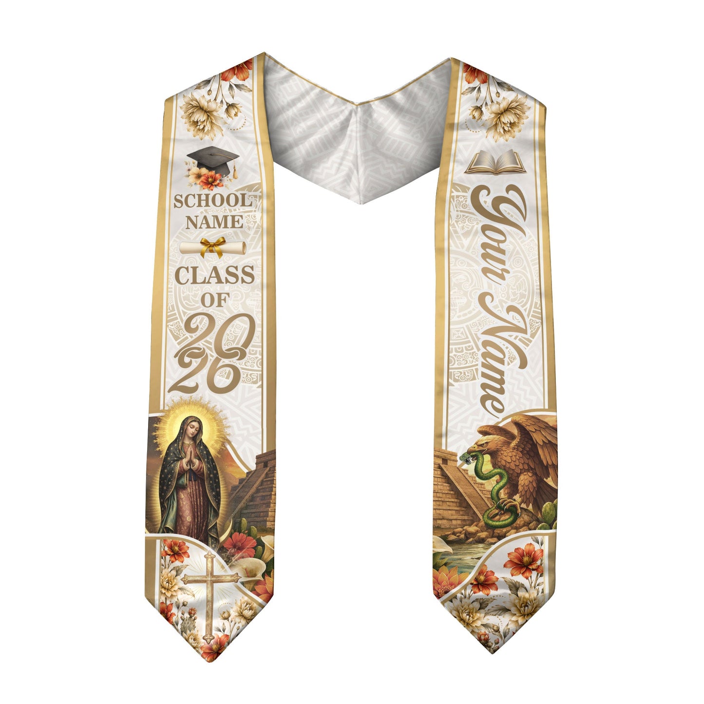 Virgin Mary Graduation Stole 2026 - Personalized Mexican Heritage Guadalupe Gold Sash