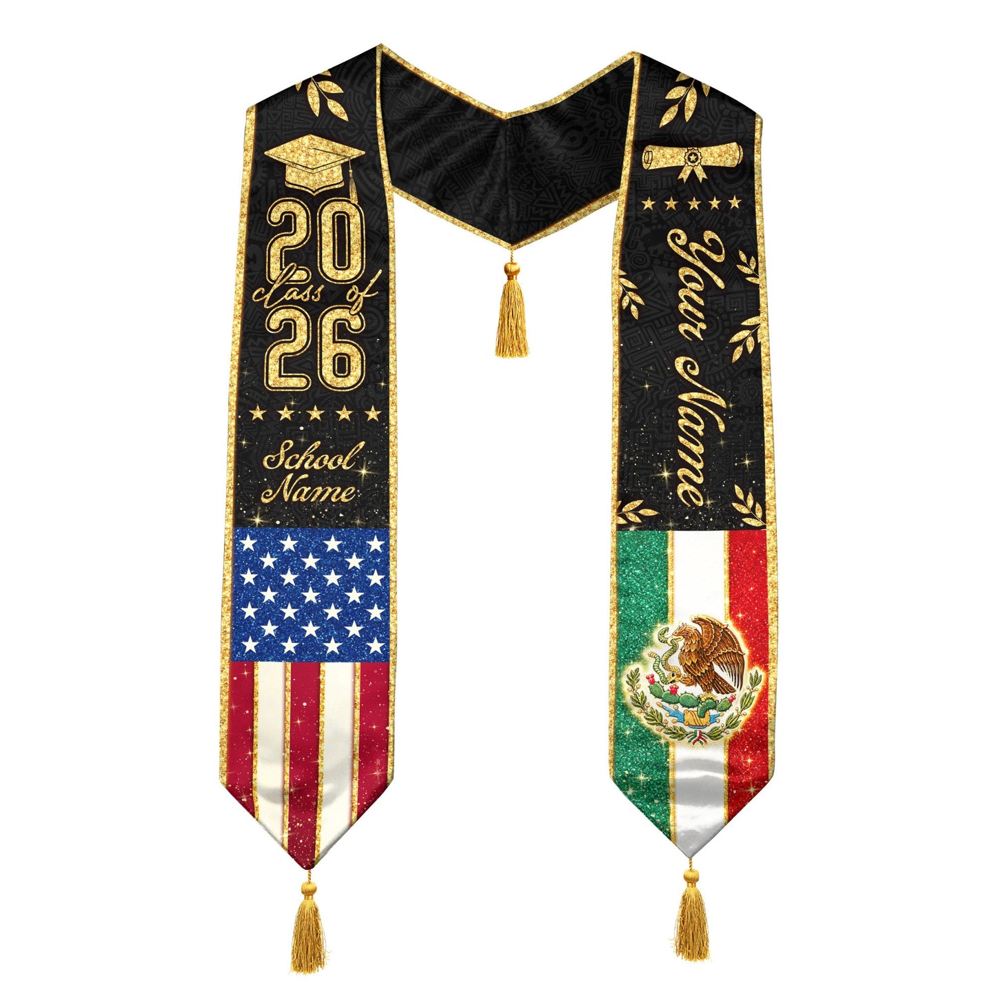 Personalized Mexico USA Golden Tassels Edition Class of 2026 Graduation Stole