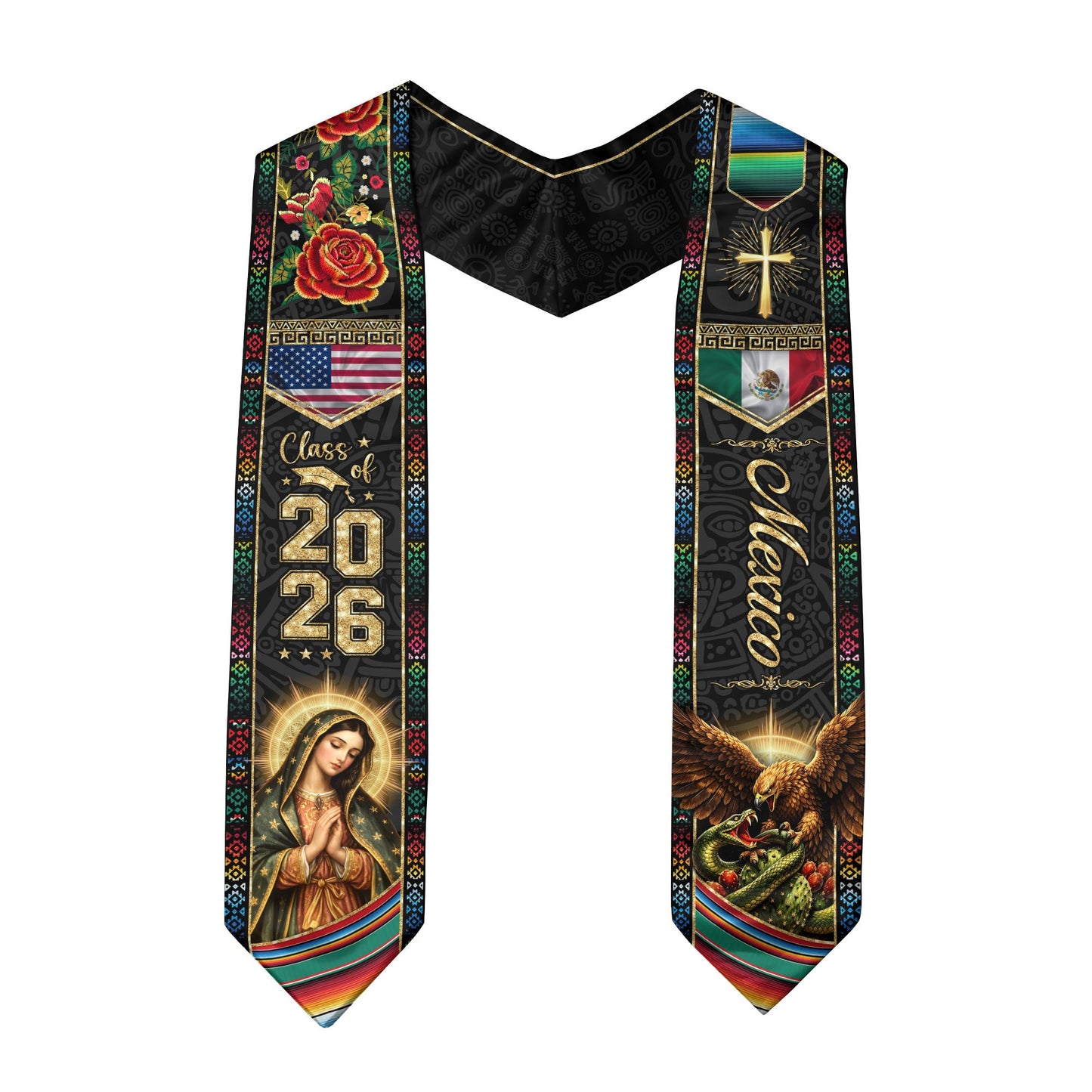 Mexico Graduation Stole Class of 2026 Eagle and Snake Virgin Mary Mexican USA Flag Sash