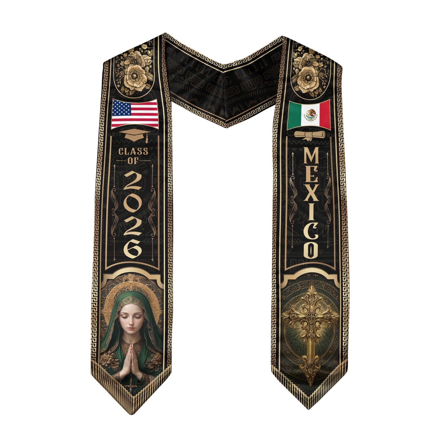 Mexico Graduation Stole Class of 2026 Virgin Mary Cross Gold Black Mexican USA Flag Sash