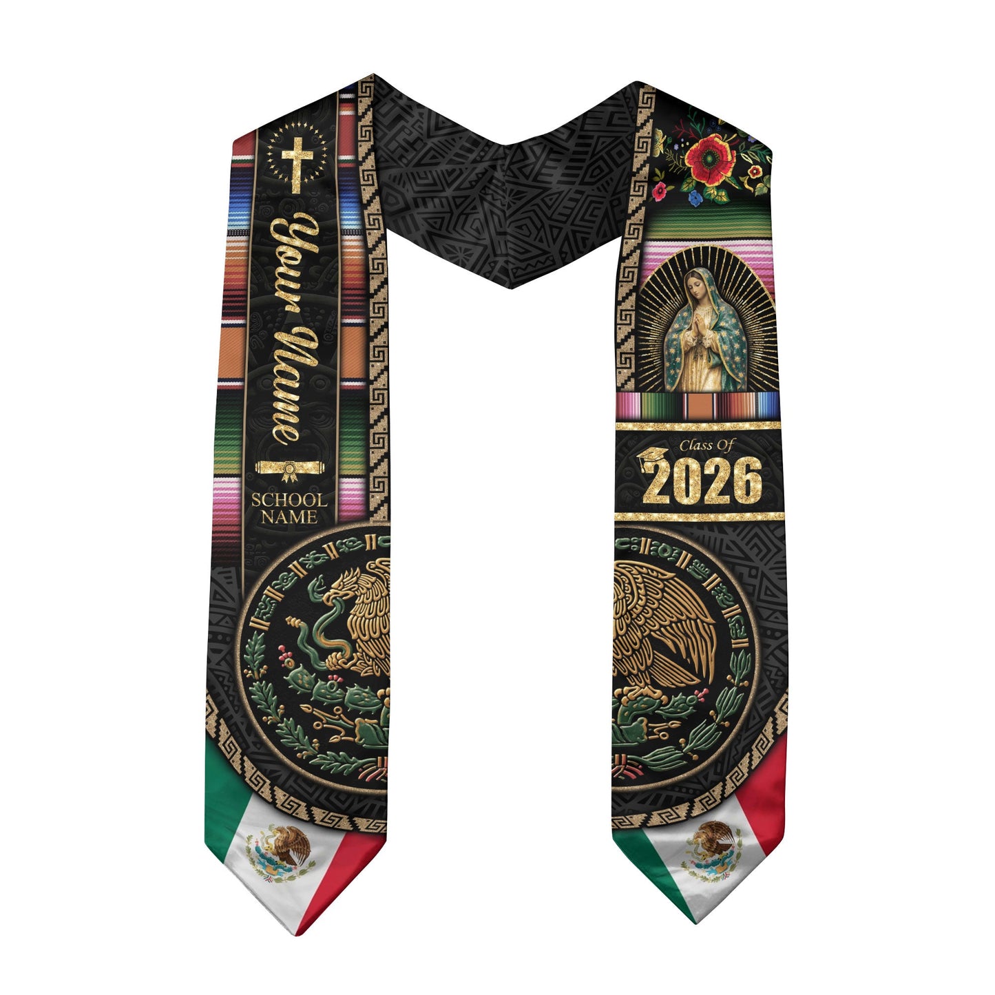 Mexican Flag Graduation Stole 2026 - Personalized Name School Eagle Serape Sash