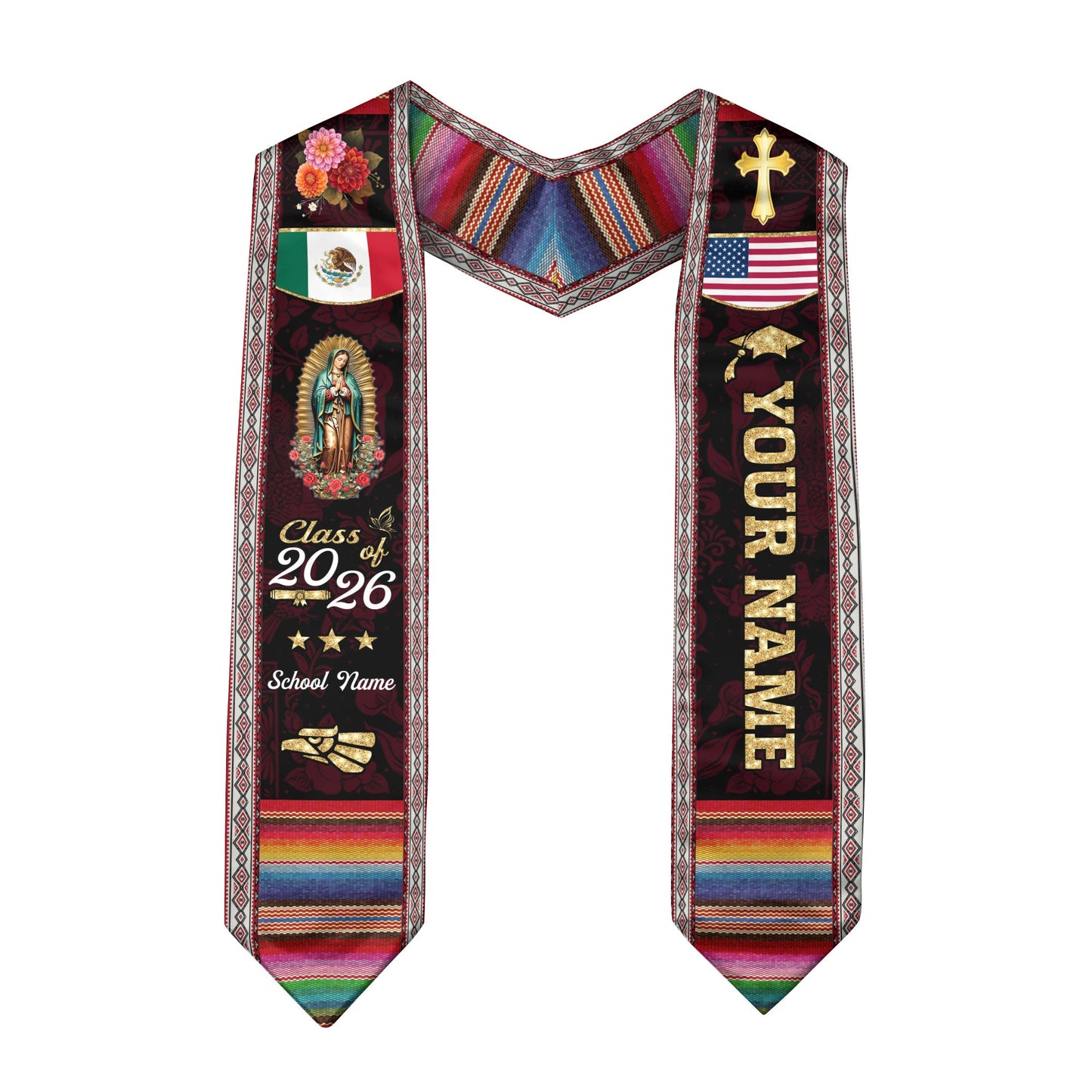Mexico USA Flag Graduation Stole 2026 Custom Burgundy Guadalupe Mexican Sash