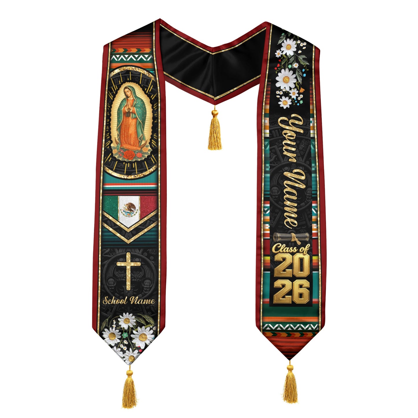 Custom White Floral Mexico Graduation Stole Tassel Class of 2026 Virgin Mary Sash Gift