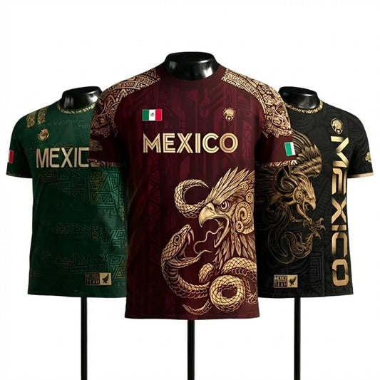 Mexico Aztec Heritage Soccer Jersey 3-Pack Bundle – Black Gold Eagle Warrior + Green Gold Heritage + Red Gold Eagle & Serpent