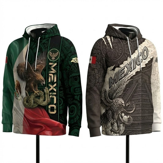 Mexico Eagle Serpent Aztec Heritage Hoodie 2-Pack Bundle – Pyramid Stone Pattern Warrior + Mexico Flag National Pride