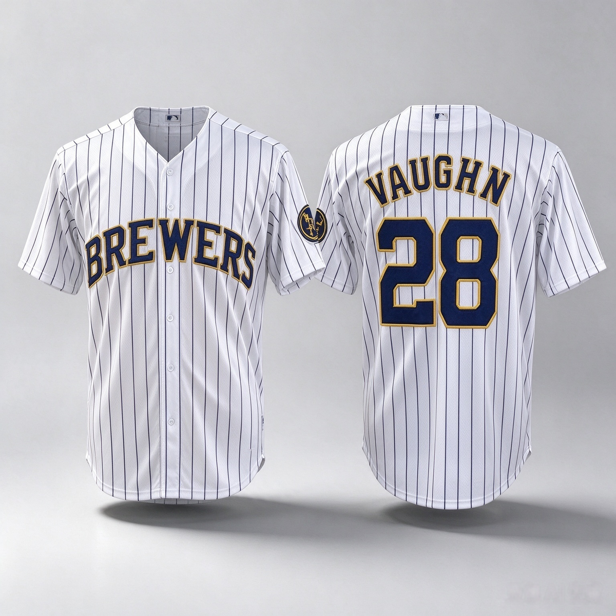 Milwaukee Brewers #28 Andrew Vaughn White Pinstripe 2025 With Patch Stitched Baseball Jersey