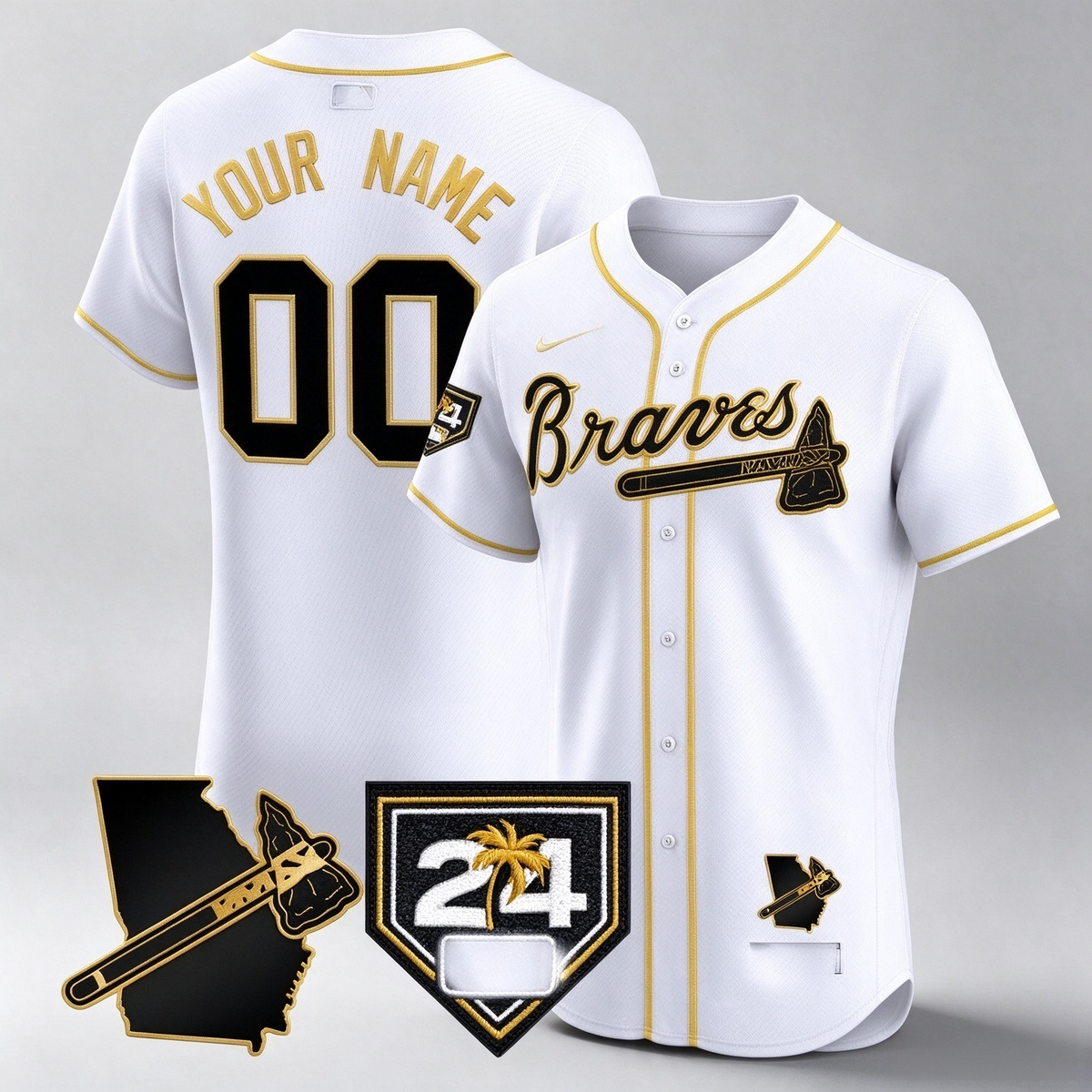 Atlanta Braves 2024 Spring Training & Georgia Patch Vapor Premier Elite Custom Jersey –White Gold Baseball Jersey