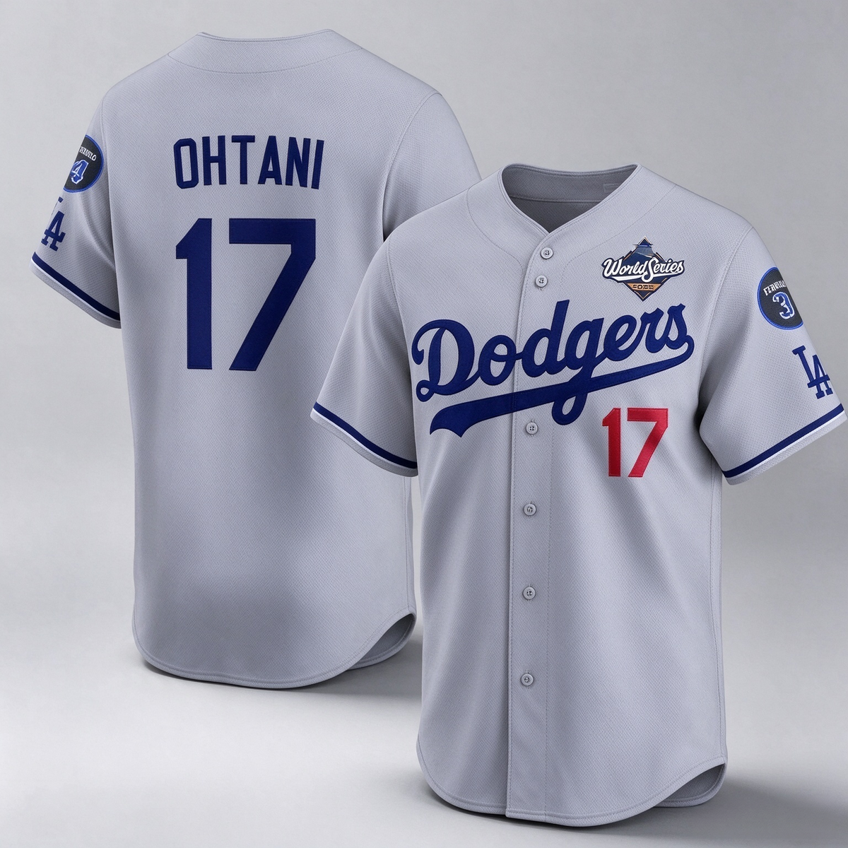 Los Angeles Dodgers #17 Shohei Ohtani Gray 2025 World Series With No. 34 Patch Limited Stitched Baseball Jersey