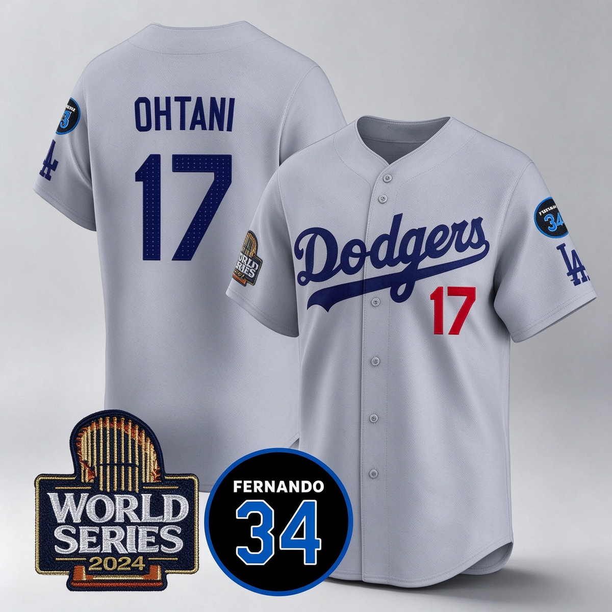 Los Angeles Dodgers #17 Shohei Ohtani Grey 2024 World Series With Fernando Memorial Patch Limited Stitched Baseball Jersey