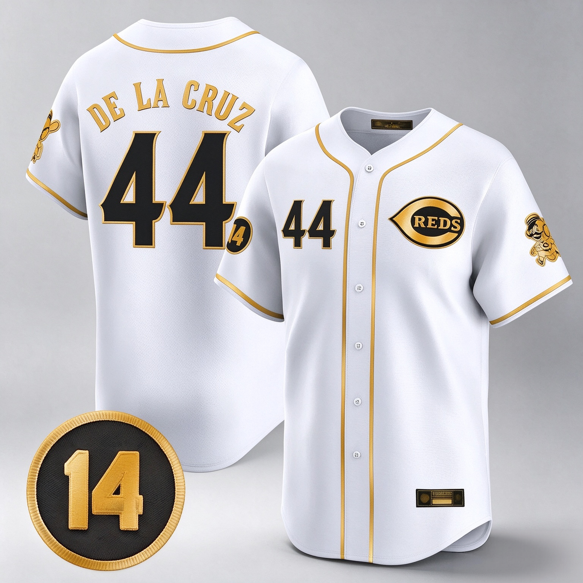 Cincinnati Reds #44 Elly De La Cruz Player White-Gold Vapor Premier Limited Home Stitched Baseball Jersey