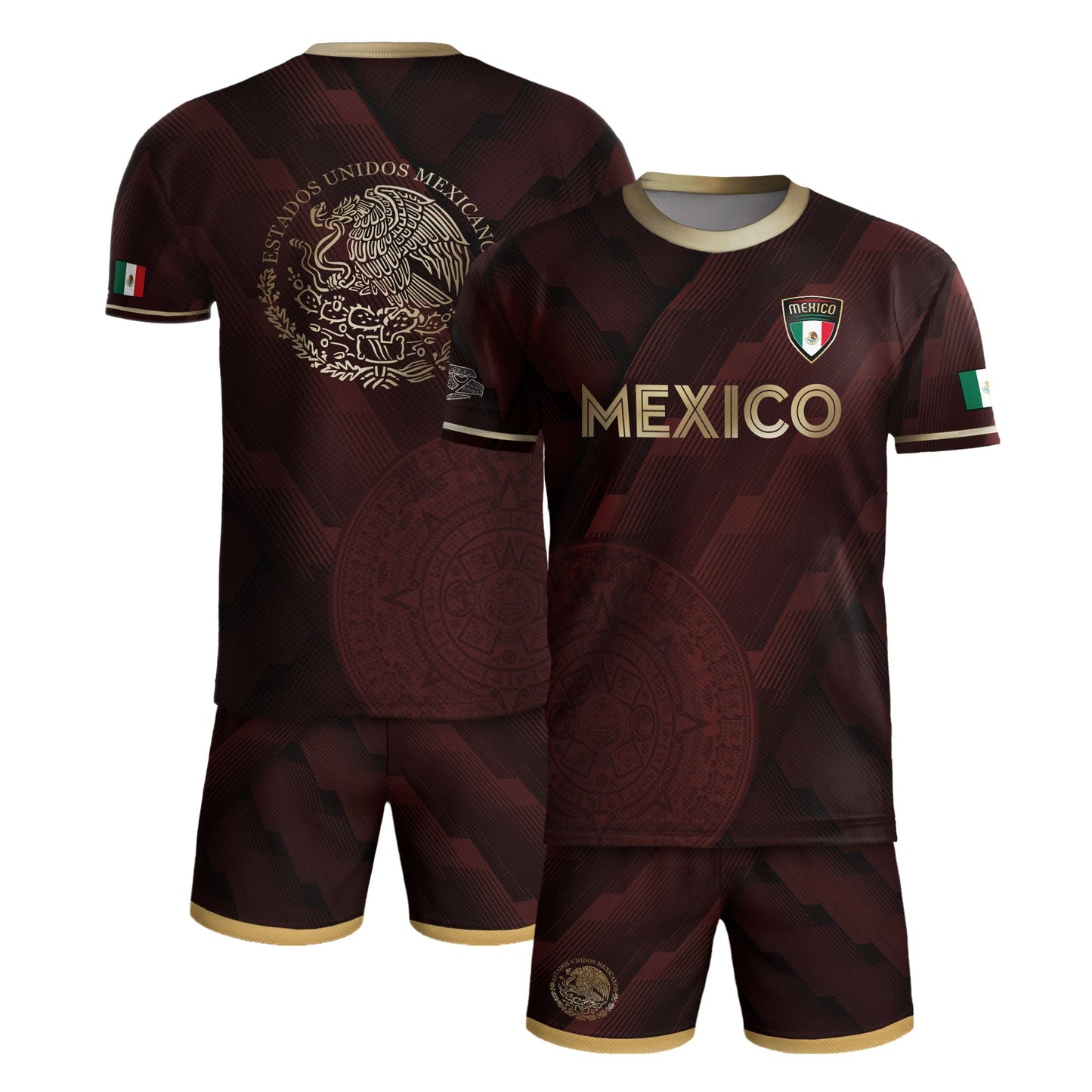 Mexico Burgundy Soccer Jersey with Golden Aztec Sunstone and Eagle Crest