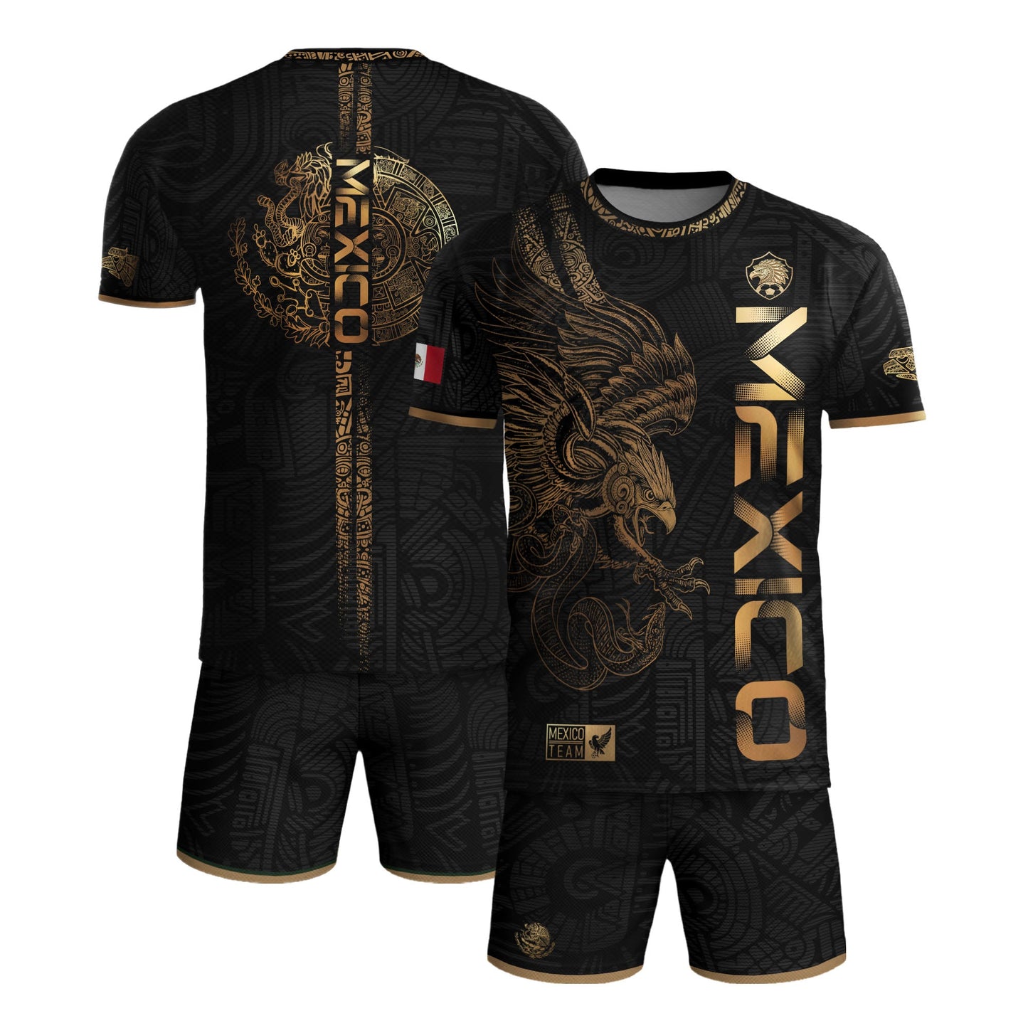 Mexico Black Gold Eagle Aztec Warrior Heritage Soccer Jersey Bundle