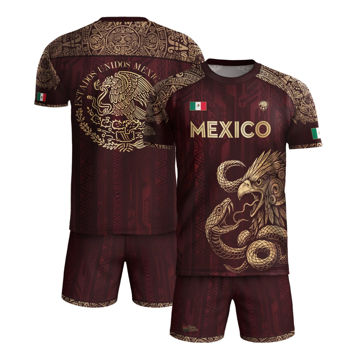 Mexico Red Gold Eagle And Serpent Heritage Soccer Jersey Bundle