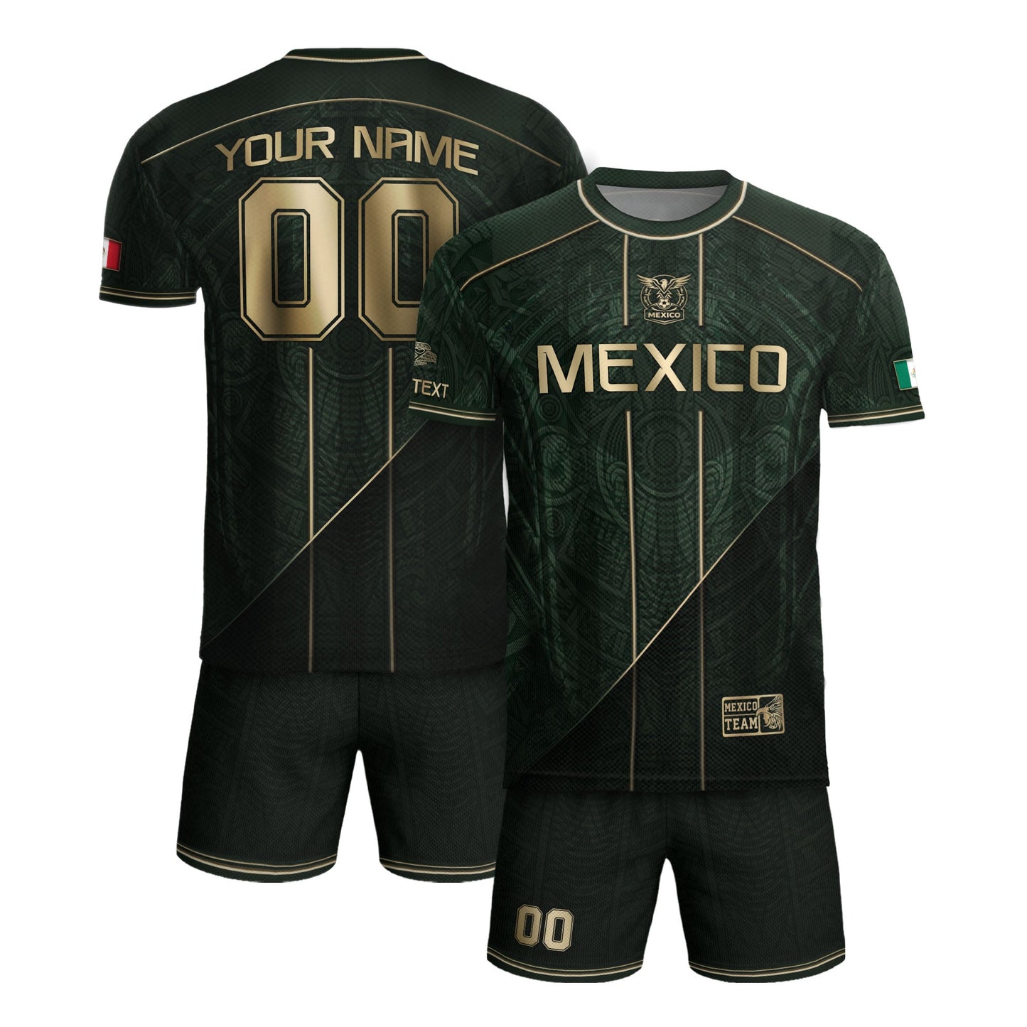 Mexico Soccer Jersey Personalized Name Number Green Aztec Sun Stone Design Kit