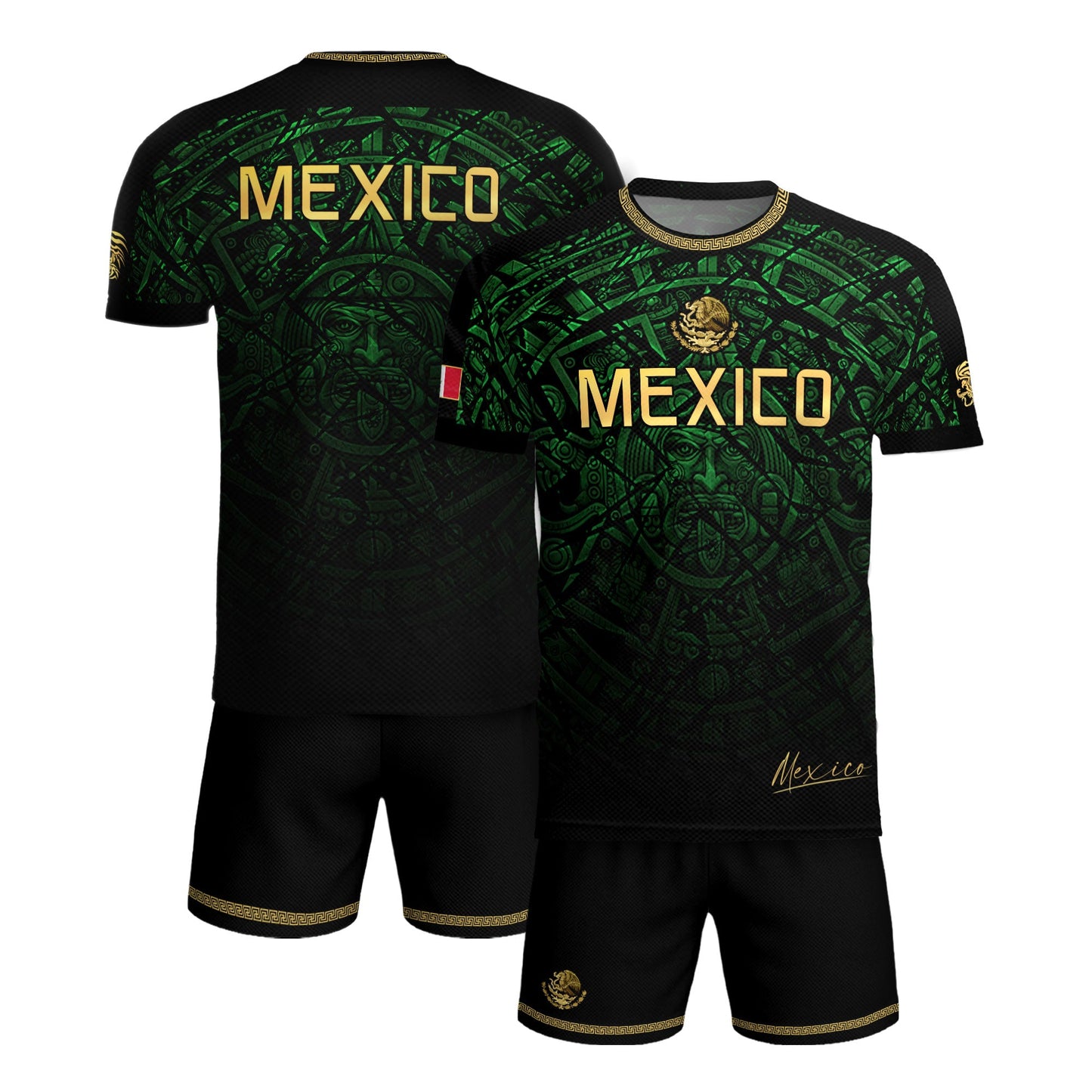 Mexico Soccer Jersey Green Black Aztec Sun Stone - Mexico Fan Heritage Style Shirt