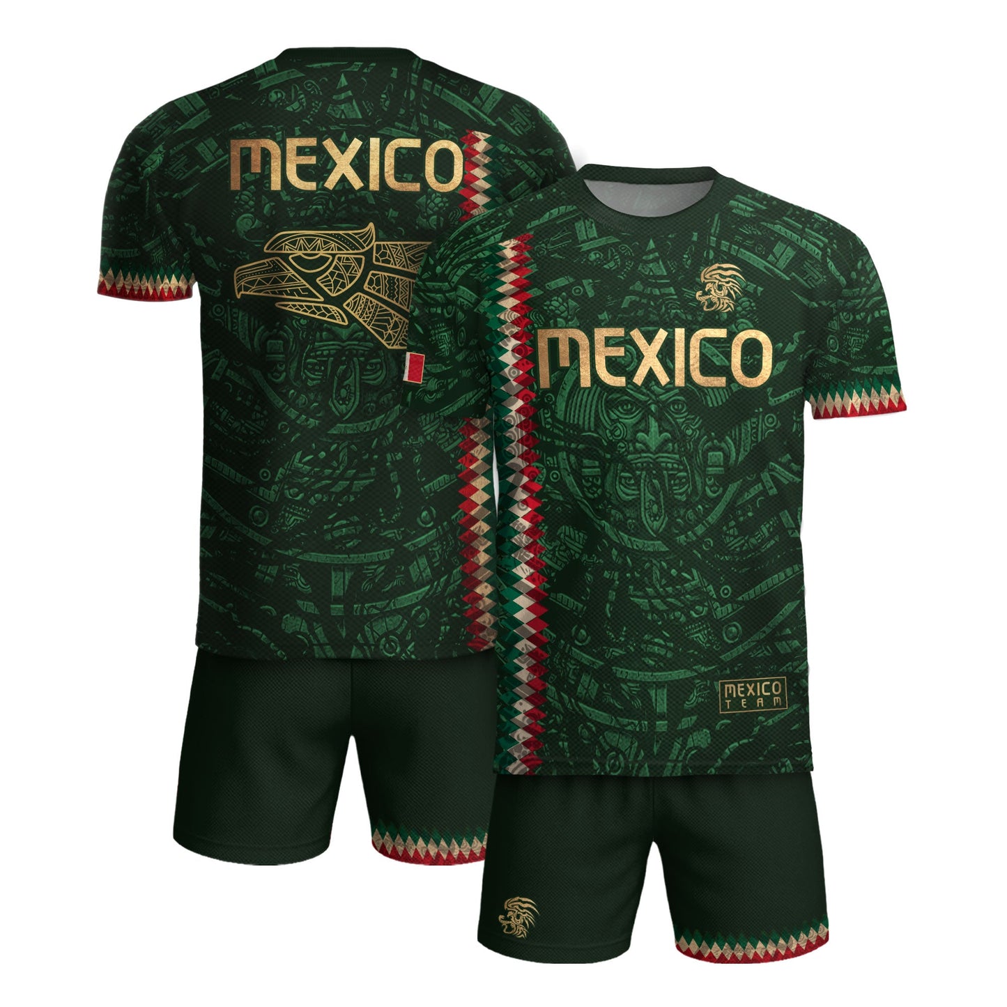 Mexico Soccer Jersey Green Gold Aztec Sun Stone - Mexico National Team Fan Heritage Shirt