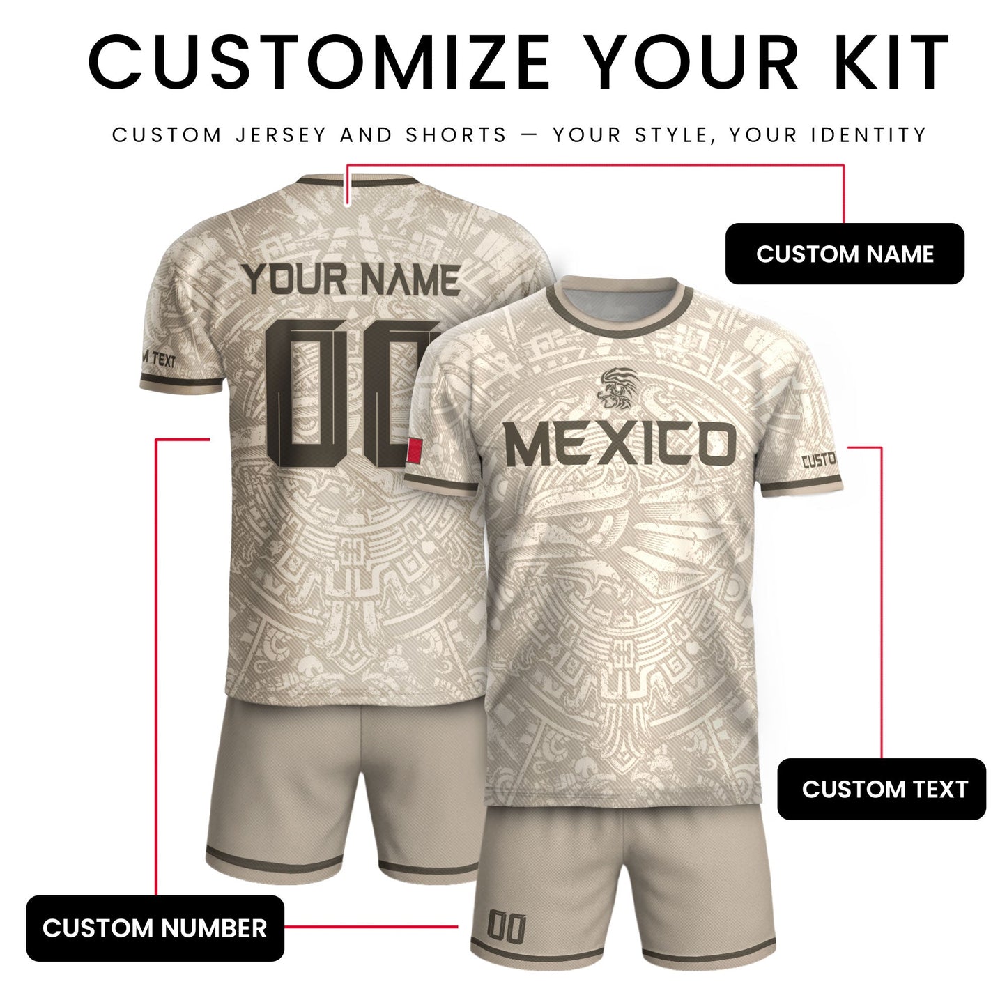 Custom Mexico Soccer Jersey Beige Aztec Calendar & Quetzalcoatl Heritage Fan Shirt