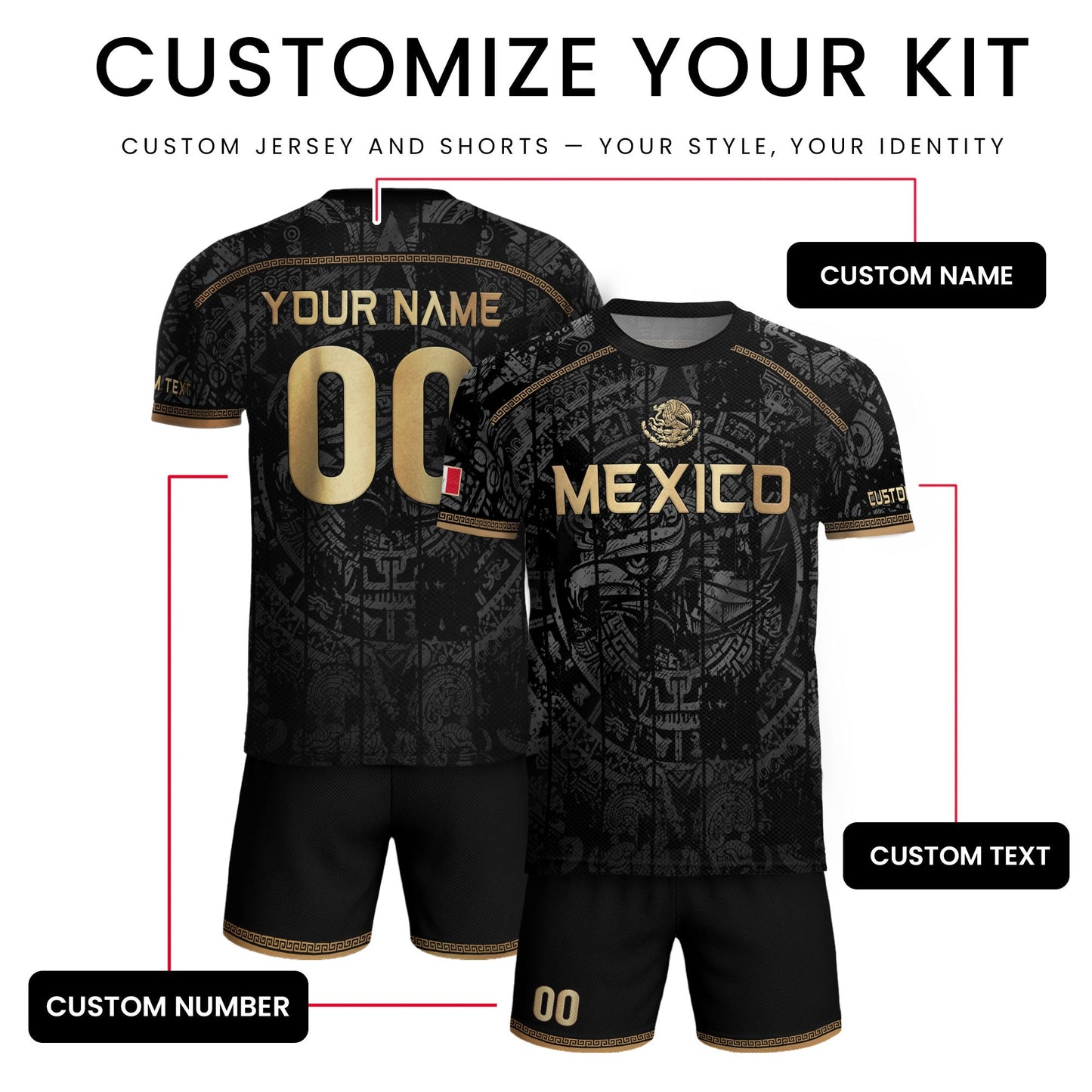 Mexico Soccer Jersey Custom Name - Black Gold Aztec Calendar Heritage Football Shirt