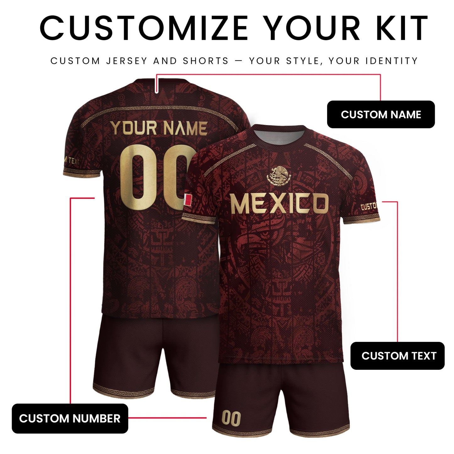 Personalized Mexico Soccer Jersey - Maroon Gold Aztec Calendar Heritage Football Shirt