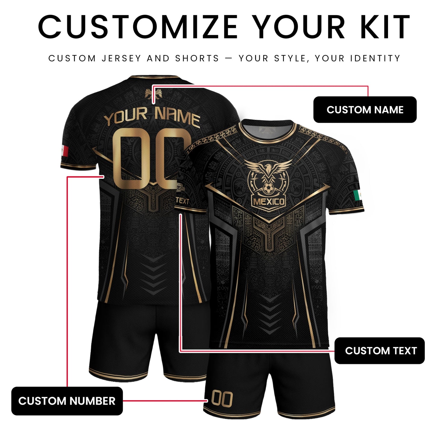 Black Mexico Custom Soccer Jersey Team Apparel Aztec Sun Warrior Football Top