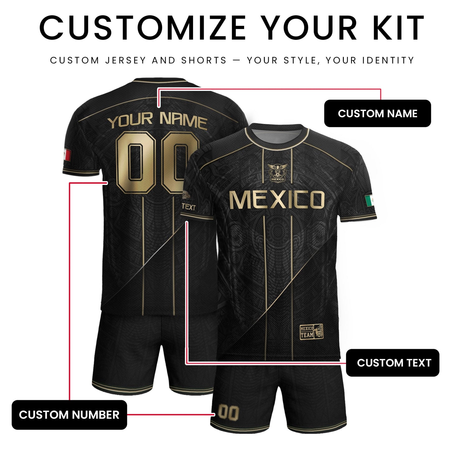 Black Mexico Soccer Jersey Custom Name Number Aztec Warrior Shirt