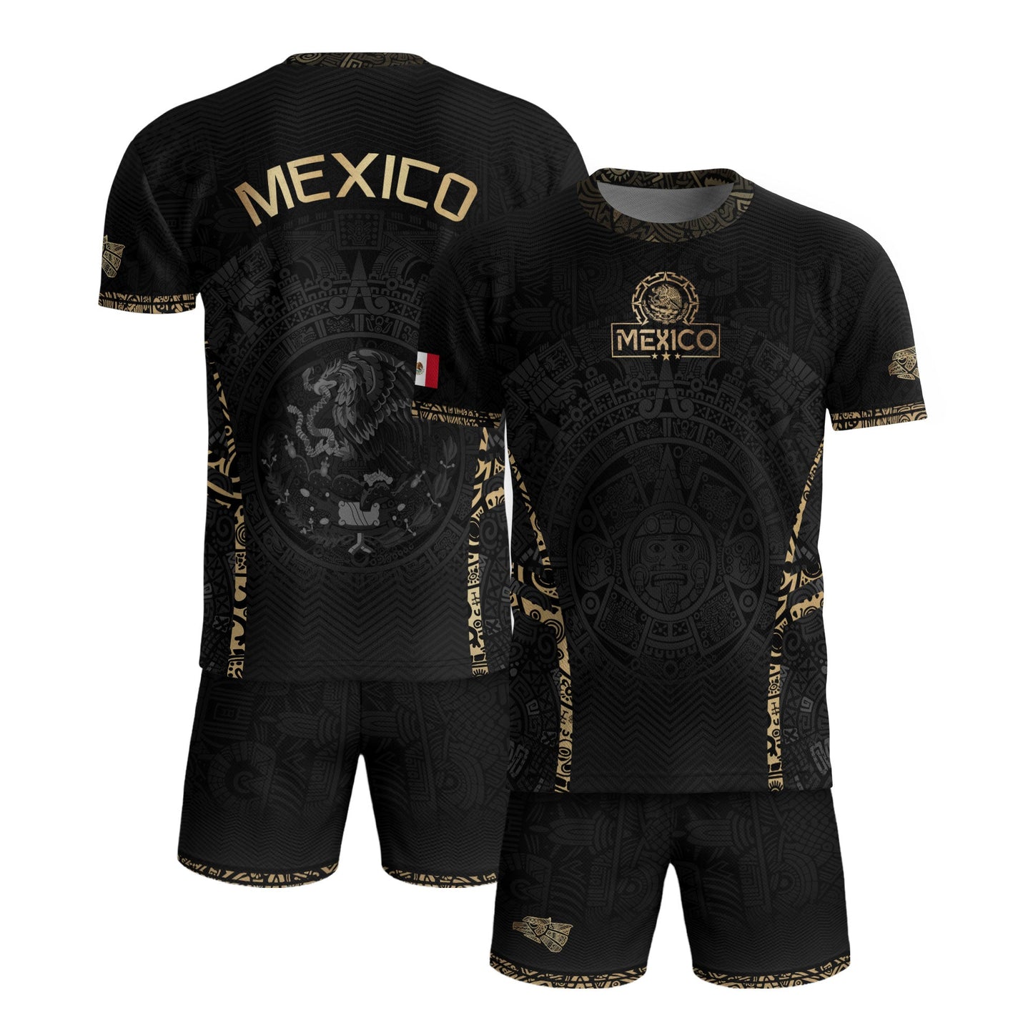 Mexico Soccer Jersey Aztec Sun Calendar Black Gold Football Shirt for Fans