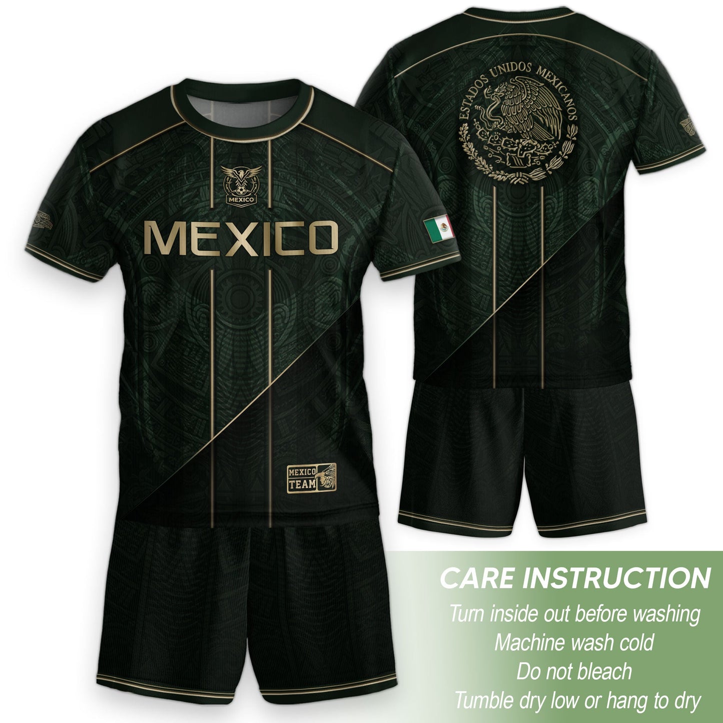 Youth Mexico Soccer Jersey Black Gold National Coat of Arms Heritage Football Shirt Set