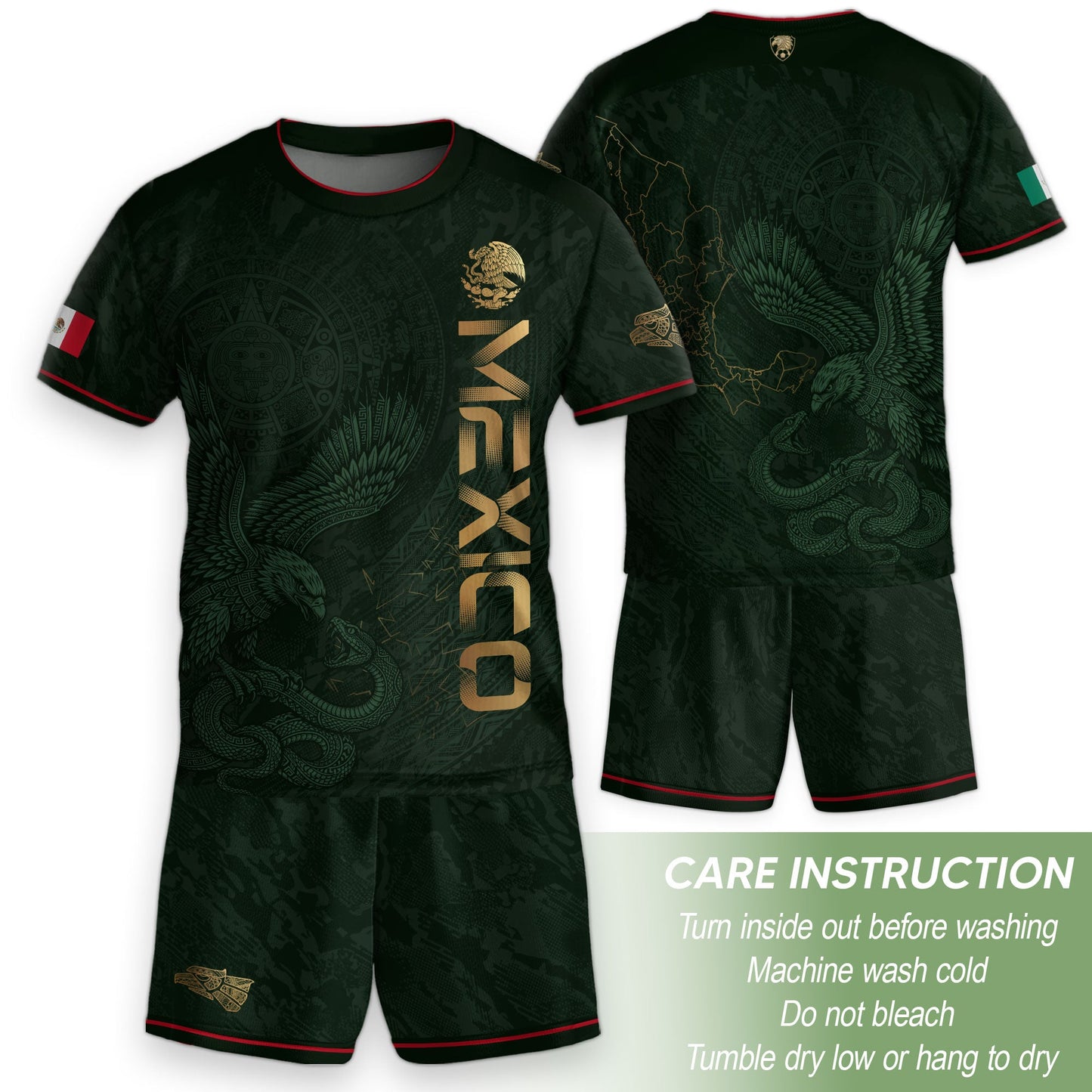 Mexico Kids Soccer Jersey Youth Green Gold Aztec Eagle Heritage Football Graphic Shirt