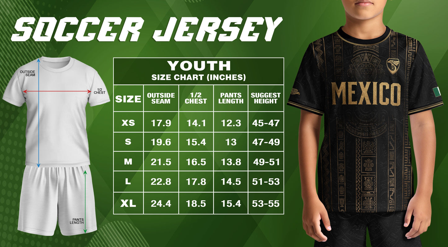 Mexico Soccer Jersey Youth Black Aztec Calendar Sun Stone Heritage Football Shirt Set
