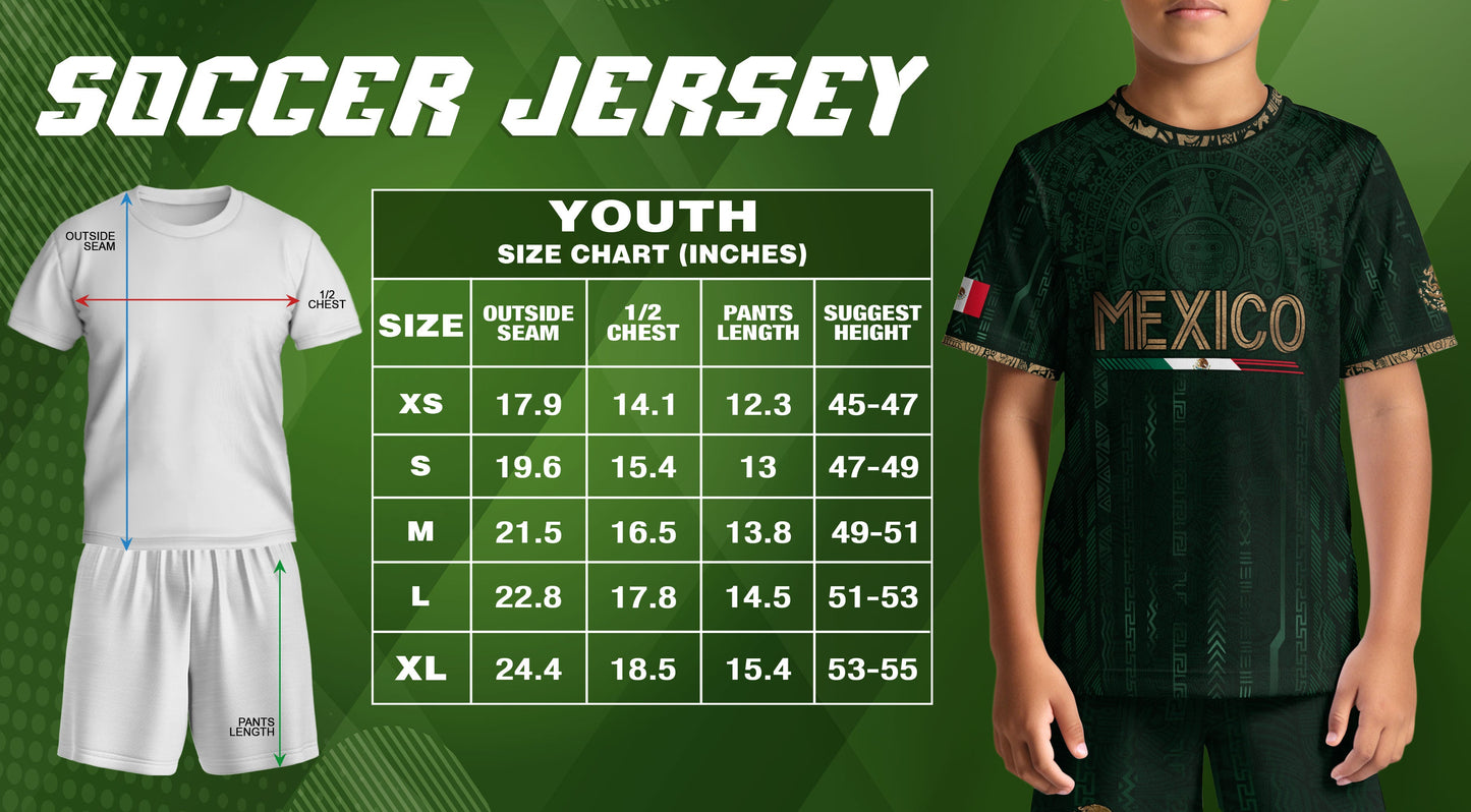 Mexico Soccer Jersey Kid Youth Aztec Calendar Green Football Shirt Tee Gift