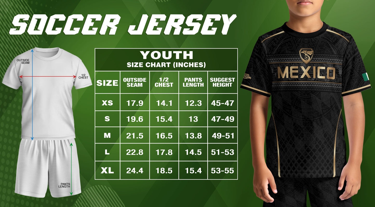 Aztec Inspired Black Gold Football Shirt for Youth, Mexico Soccer Jersey Retro Style Wear